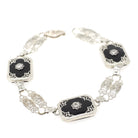 Onyx Filigree Bracelet - Art Deco Era 14k White Gold Black Chalcedony Panel Links - Circa 1930s Era 6 1/2 Inch Diamond Accent Fine Jewelry
