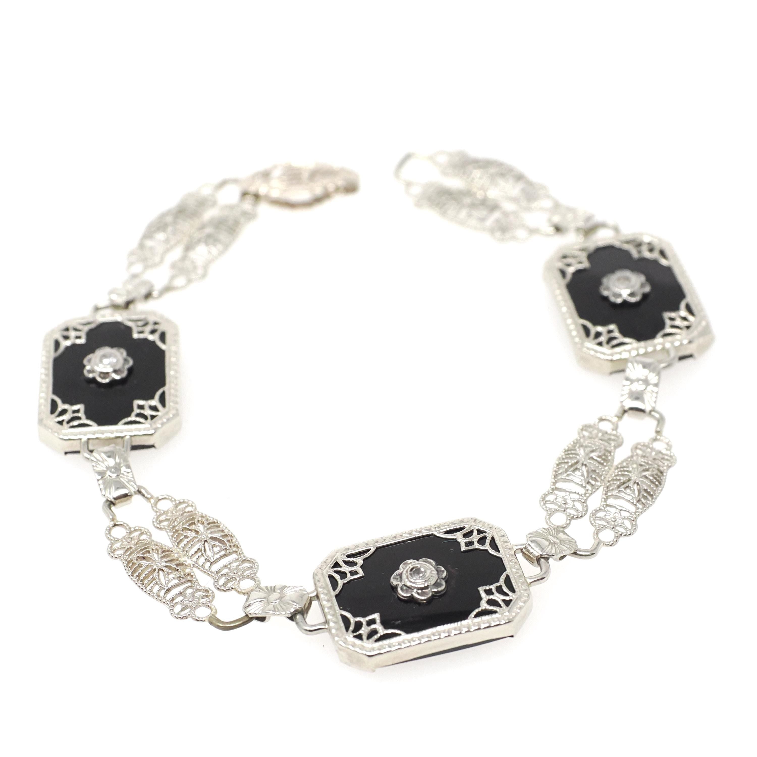 Onyx Filigree Bracelet - Art Deco Era 14k White Gold Black Chalcedony Panel Links - Circa 1930s Era 6 1/2 Inch Diamond Accent Fine Jewelry