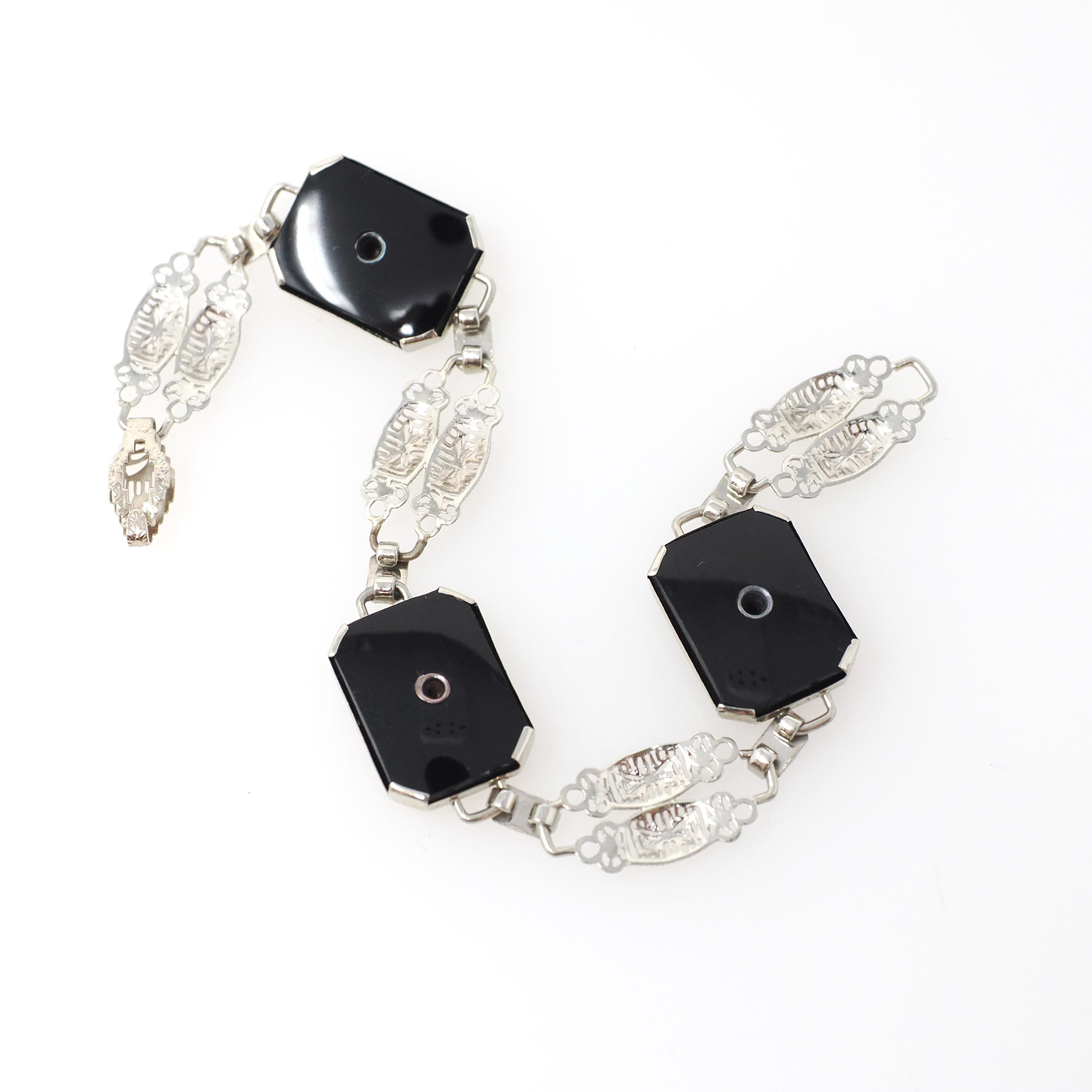 Onyx Filigree Bracelet - Art Deco Era 14k White Gold Black Chalcedony Panel Links - Circa 1930s Era 6 1/2 Inch Diamond Accent Fine Jewelry