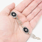 Onyx Filigree Bracelet - Art Deco Era 14k White Gold Black Chalcedony Panel Links - Circa 1930s Era 6 1/2 Inch Diamond Accent Fine Jewelry