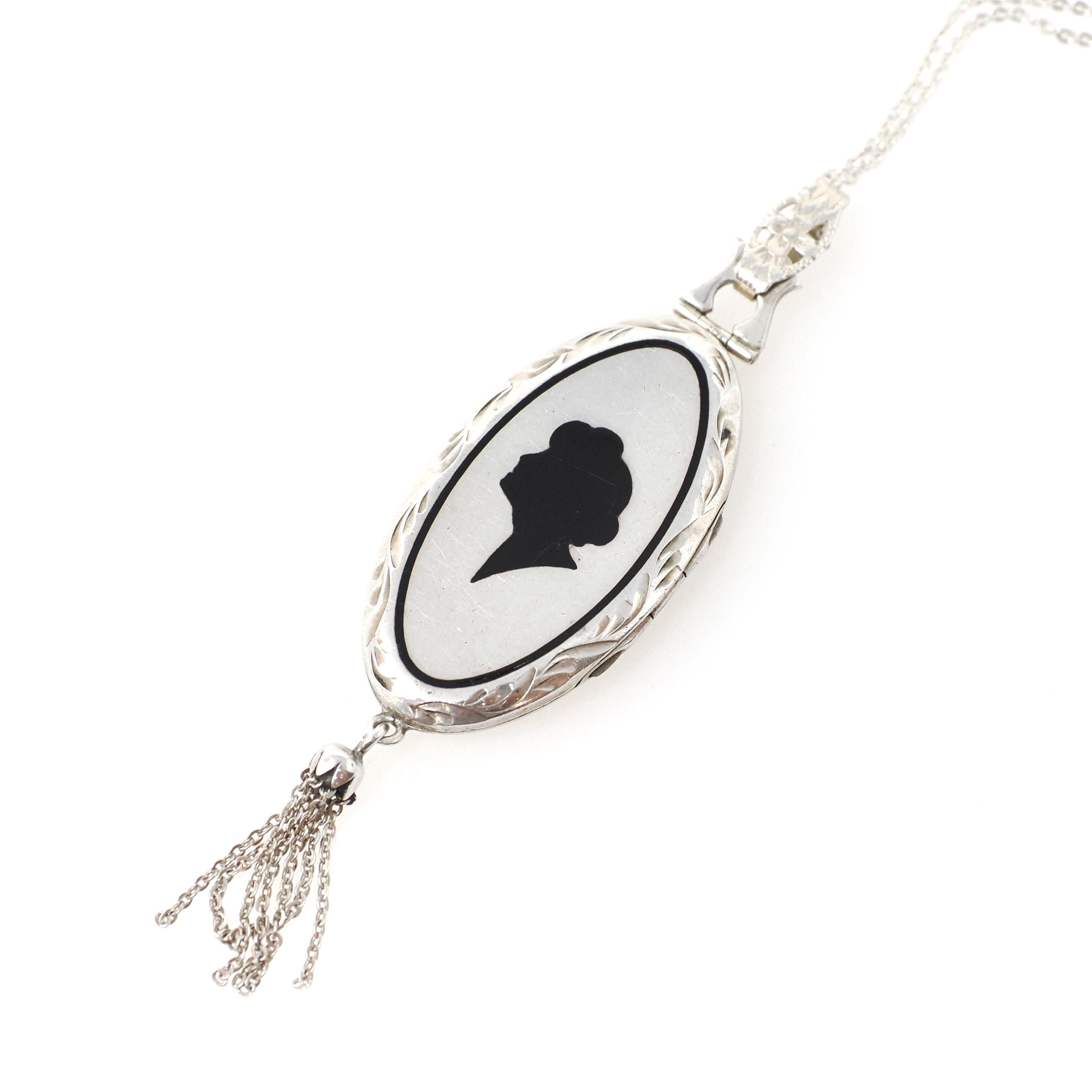 Antique Silhouette Locket - Art Deco Era Sterling Silver Oval Black Enamel Pendant Necklace - Vintage 1920s Female Portrait Tassel Jewelry