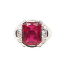 Created Ruby Ring - Vintage 10k White Gold Three Stone Unisex Red Gemstone - Circa 1950s Size 9 Diamond Accent July Birthstone Jewelry