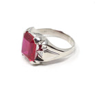 Created Ruby Ring - Vintage 10k White Gold Three Stone Unisex Red Gemstone - Circa 1950s Size 9 Diamond Accent July Birthstone Jewelry