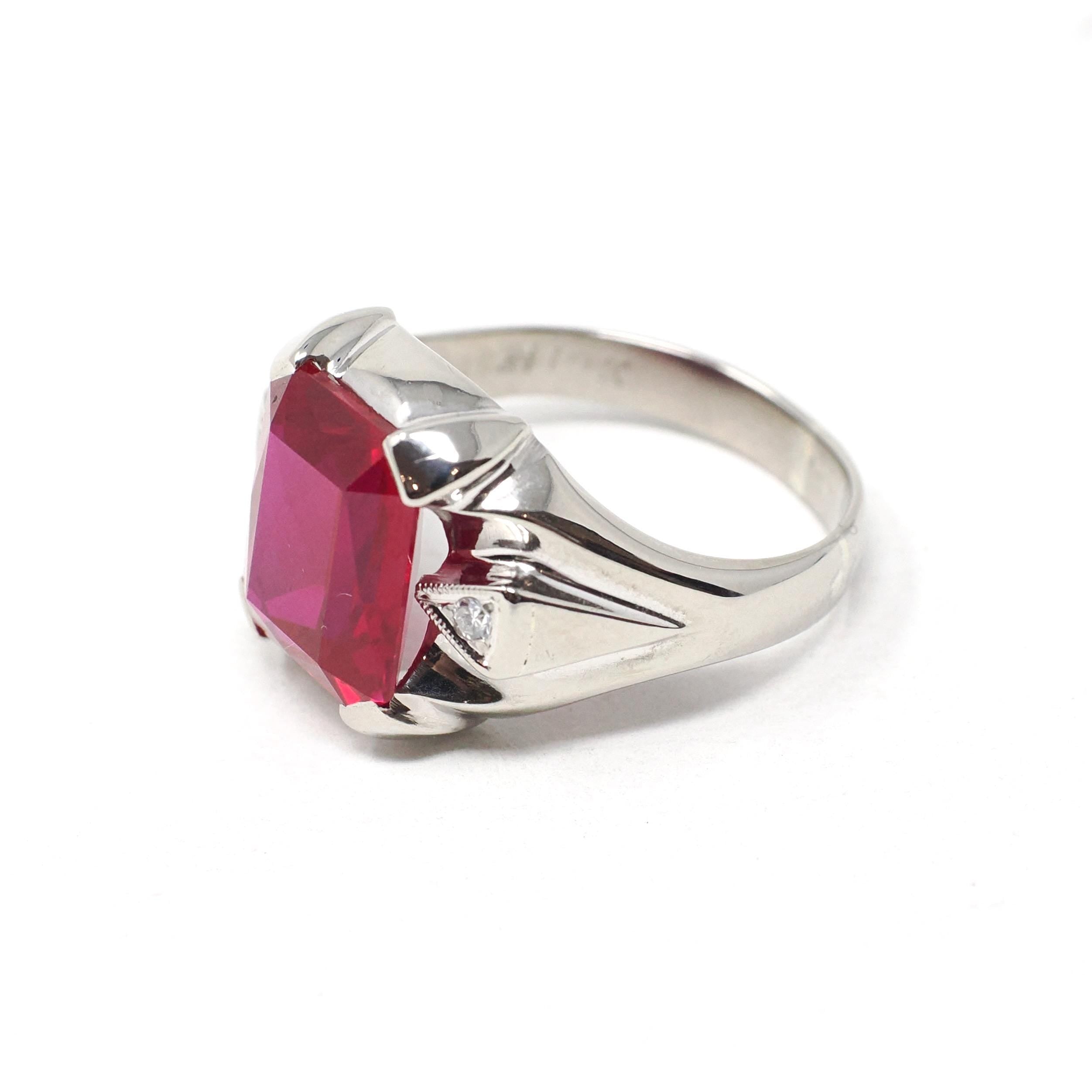Created Ruby Ring - Vintage 10k White Gold Three Stone Unisex Red Gemstone - Circa 1950s Size 9 Diamond Accent July Birthstone Jewelry
