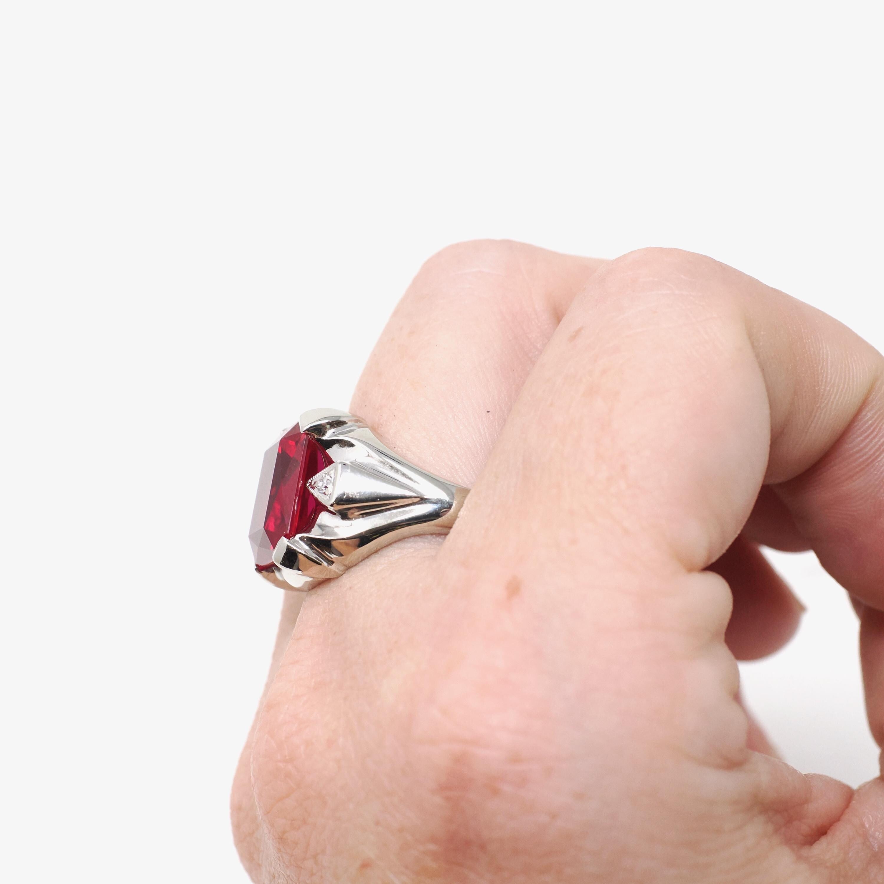 Created Ruby Ring - Vintage 10k White Gold Three Stone Unisex Red Gemstone - Circa 1950s Size 9 Diamond Accent July Birthstone Jewelry