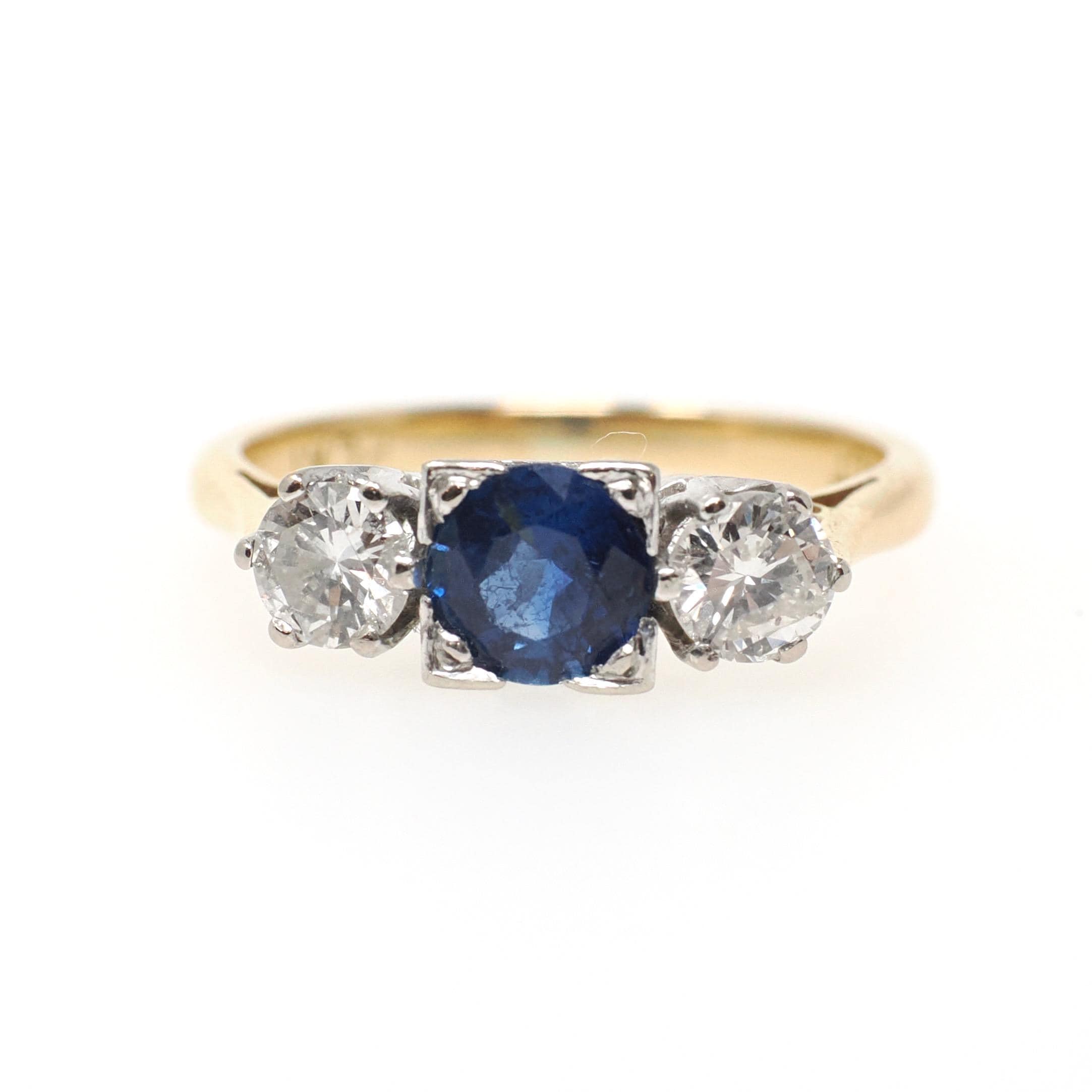 Vintage Sapphire & Diamond Ring - Mid Century 18k Yellow Gold Platinum Natural Three Stone - Circa 1950s Size 5 3/4 Fine Anniversary Jewelry