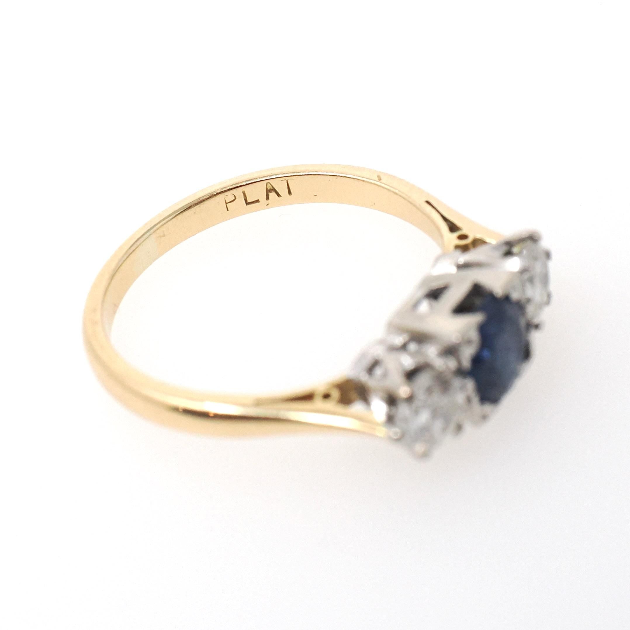 Vintage Sapphire & Diamond Ring - Mid Century 18k Yellow Gold Platinum Natural Three Stone - Circa 1950s Size 5 3/4 Fine Anniversary Jewelry