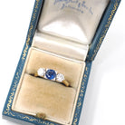Vintage Sapphire & Diamond Ring - Mid Century 18k Yellow Gold Platinum Natural Three Stone - Circa 1950s Size 5 3/4 Fine Anniversary Jewelry