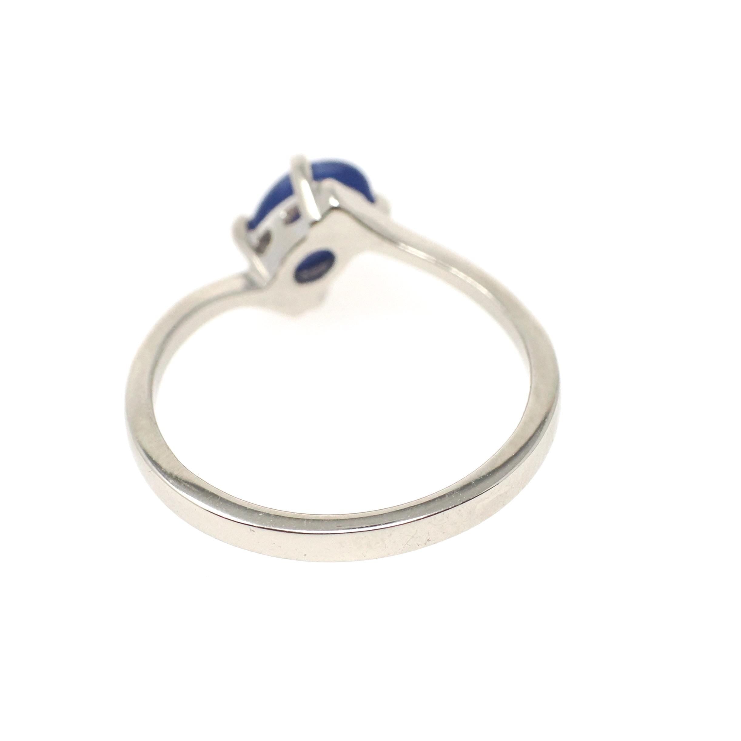 Created Star Sapphire Ring - Modern 14k White Gold Blue Cabochon Bypass Solitaire - Circa 1990s Size 5 1/4 September Birthstone Fine Jewelry