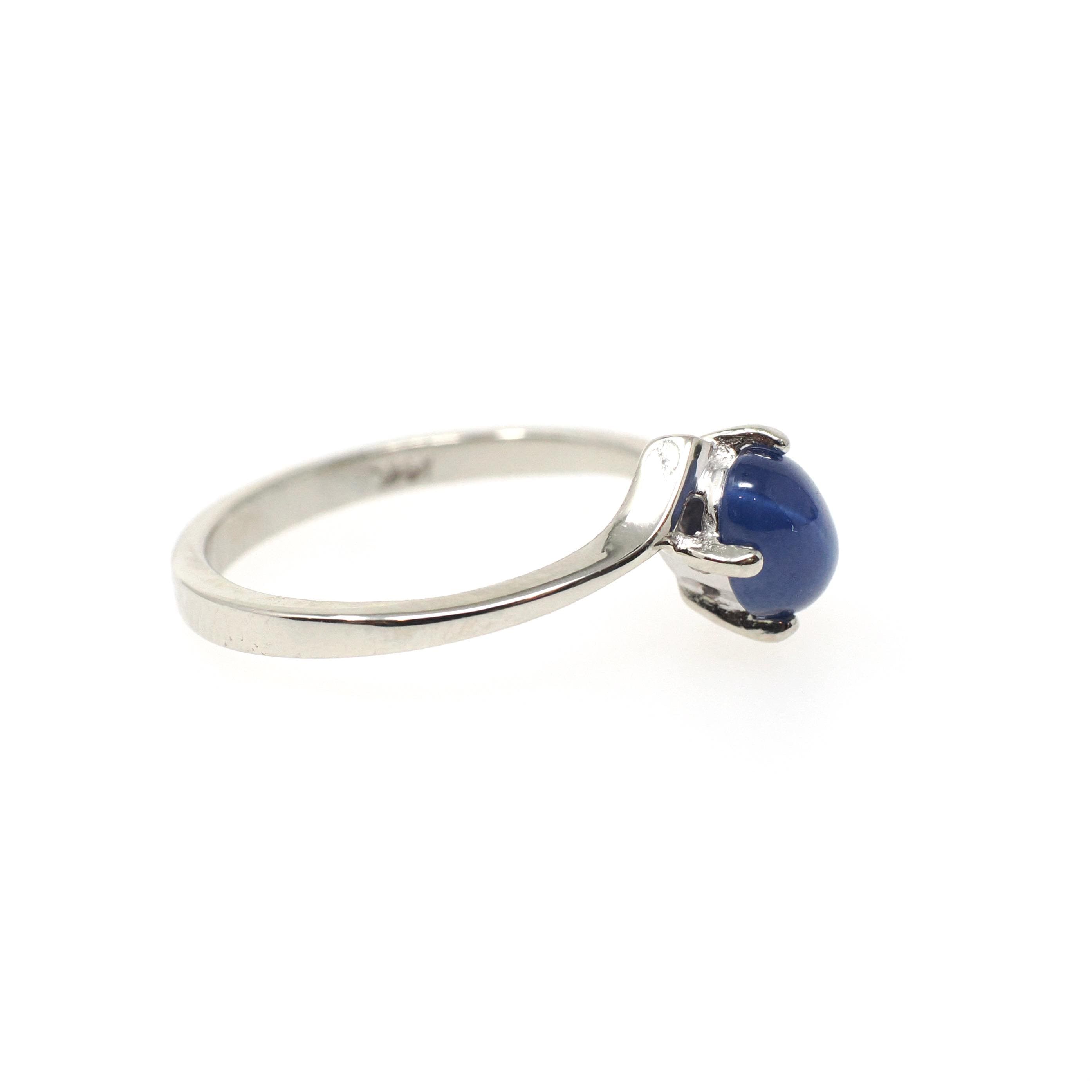 Created Star Sapphire Ring - Modern 14k White Gold Blue Cabochon Bypass Solitaire - Circa 1990s Size 5 1/4 September Birthstone Fine Jewelry