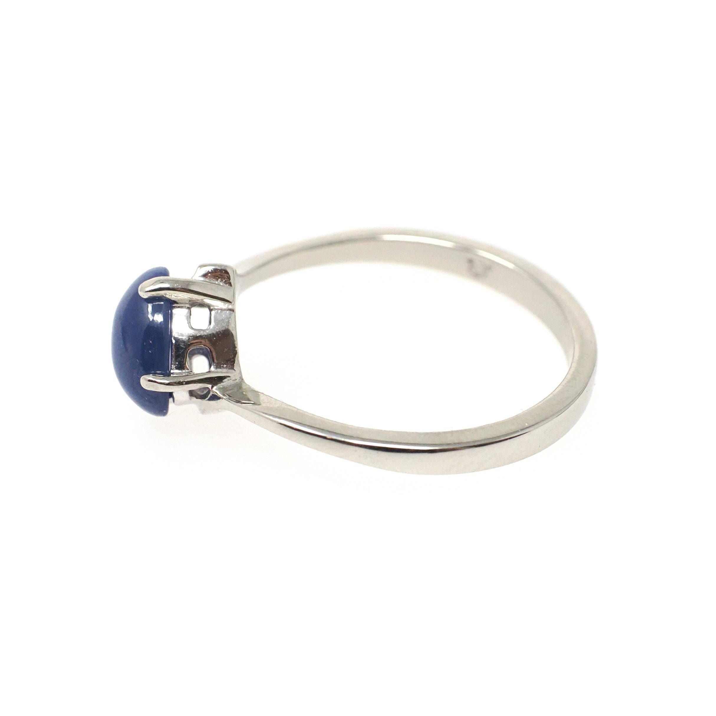 Created Star Sapphire Ring - Modern 14k White Gold Blue Cabochon Bypass Solitaire - Circa 1990s Size 5 1/4 September Birthstone Fine Jewelry