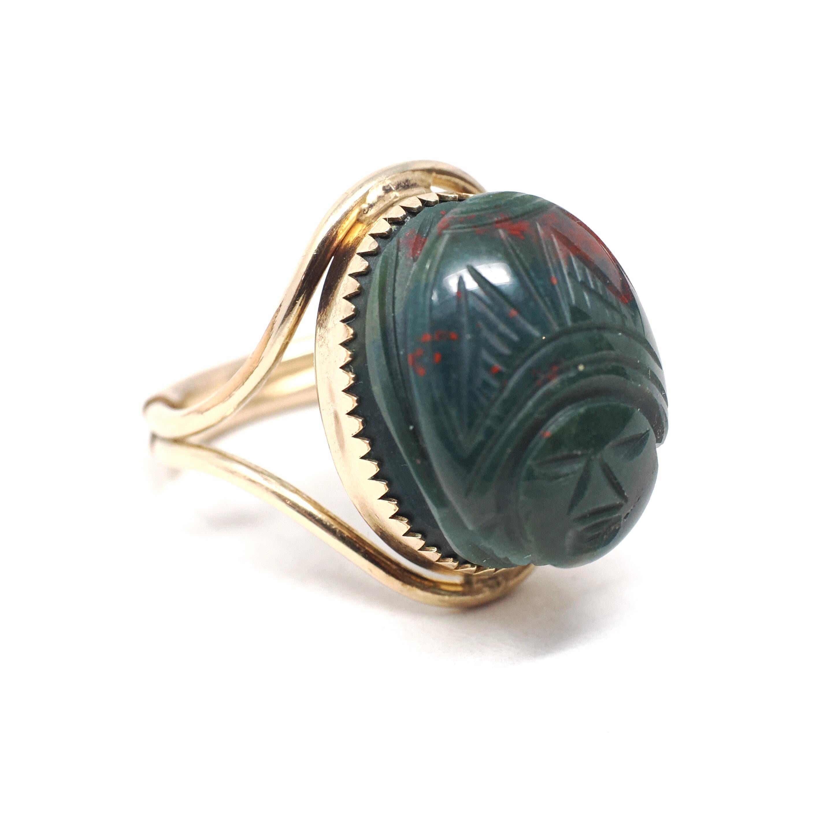 Bloodstone Scarab Ring - Mid Century Gold Filled Carved Natural Green Red Gem - Vintage Circa 1960s Era Size 5 1/4 Egyptian Revival Jewelry