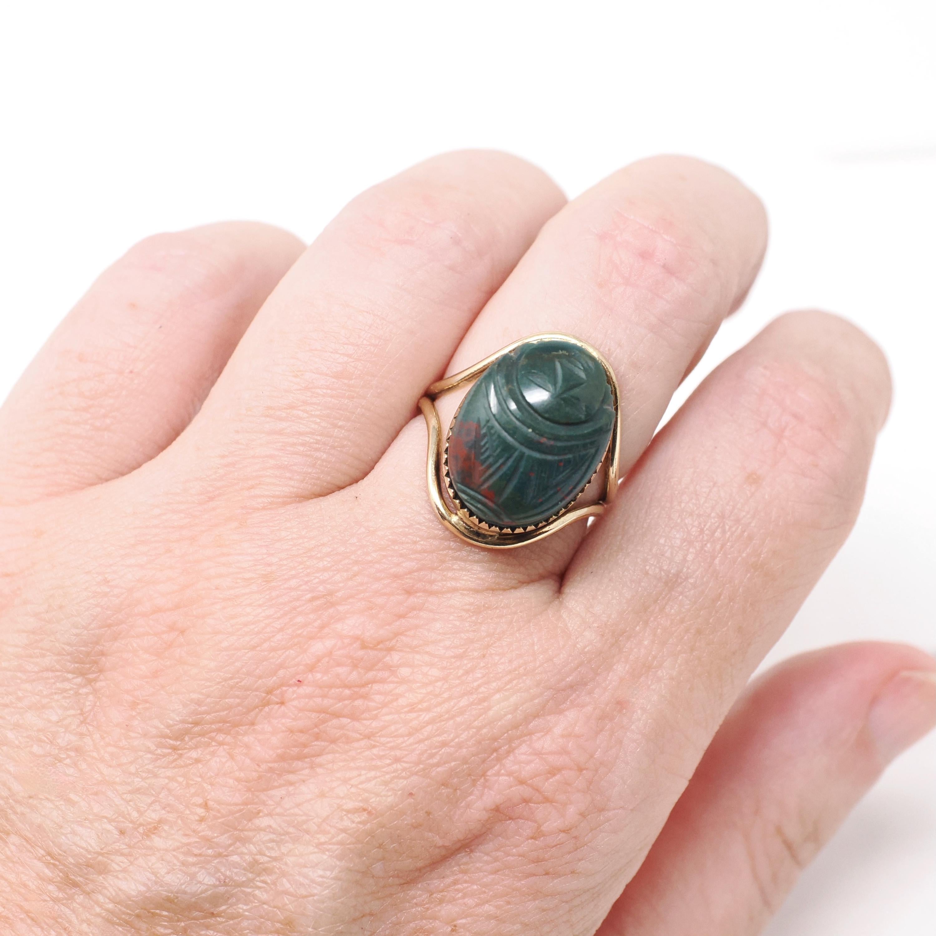 Bloodstone Scarab Ring - Mid Century Gold Filled Carved Natural Green Red Gem - Vintage Circa 1960s Era Size 5 1/4 Egyptian Revival Jewelry