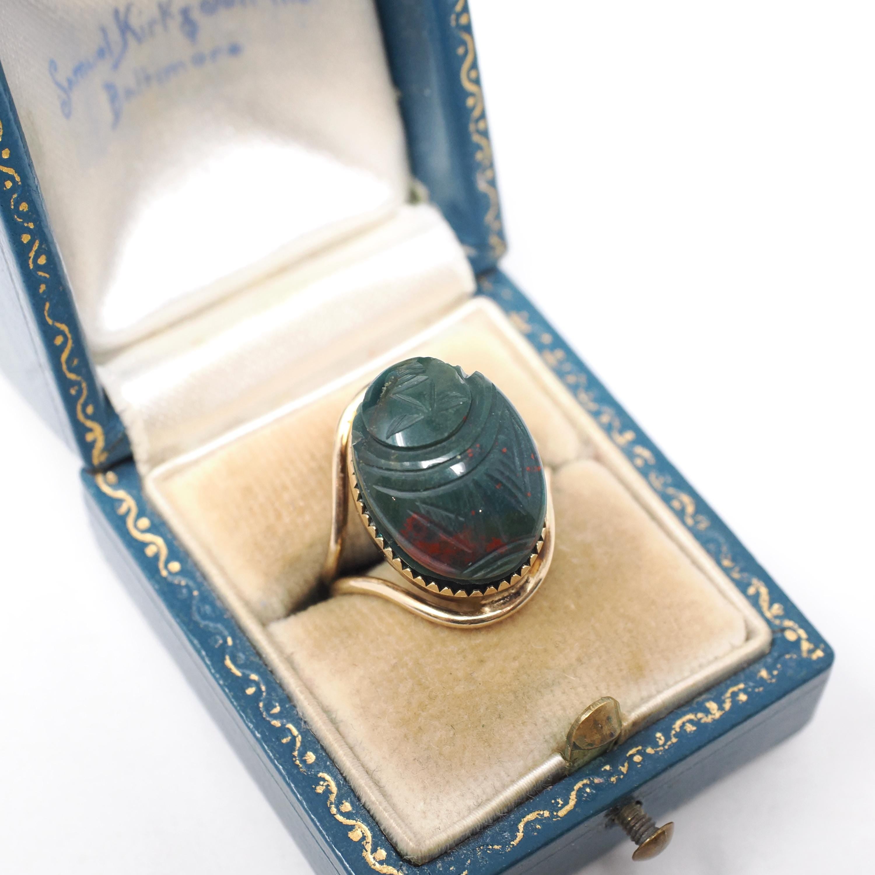 Bloodstone Scarab Ring - Mid Century Gold Filled Carved Natural Green Red Gem - Vintage Circa 1960s Era Size 5 1/4 Egyptian Revival Jewelry