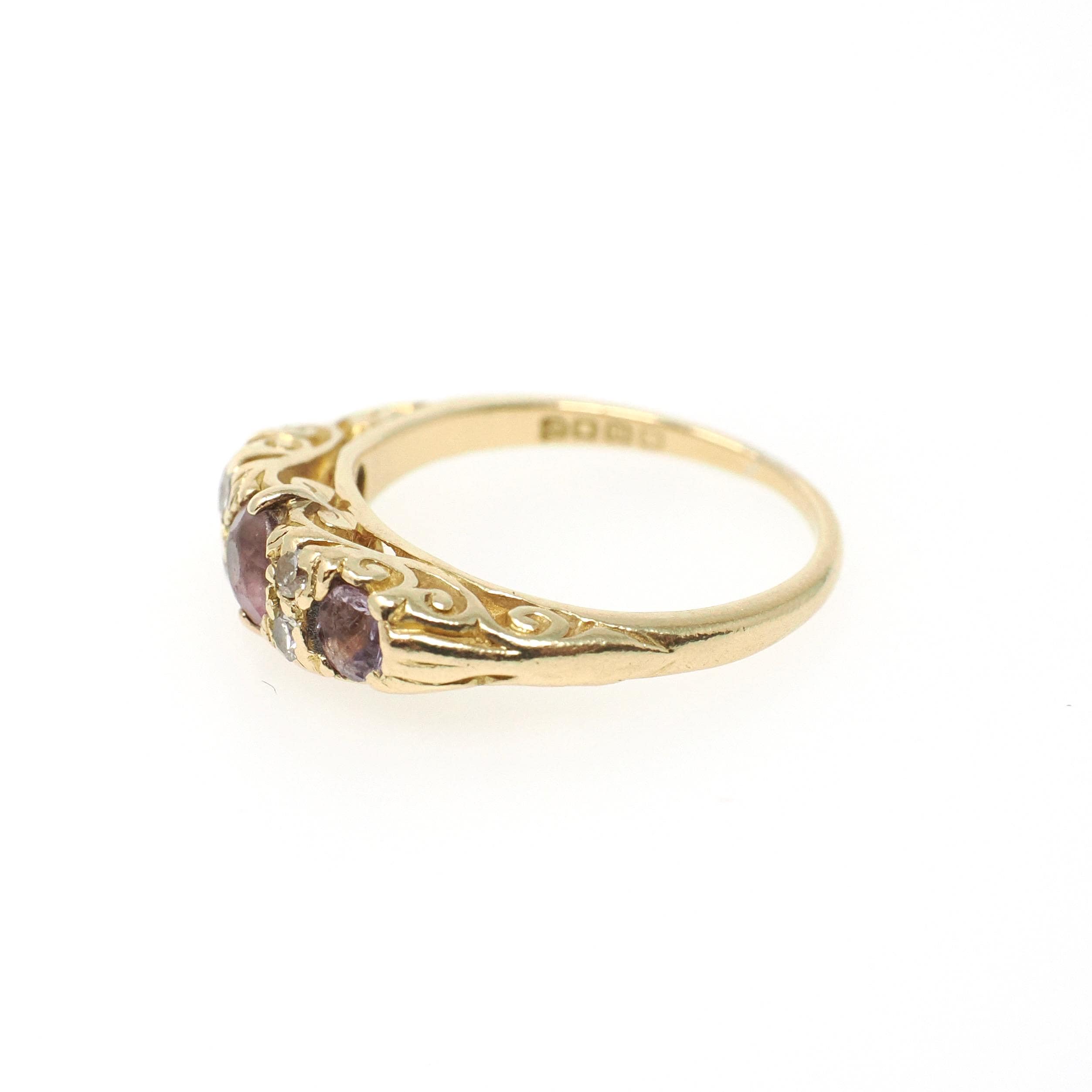 Vintage Amethyst Ring - Mid Century Era 18k Yellow Gold Natural Purple Gemstones - Hallmarked 1960 Size 3 3/4 Diamond Accents Fine Jewelry