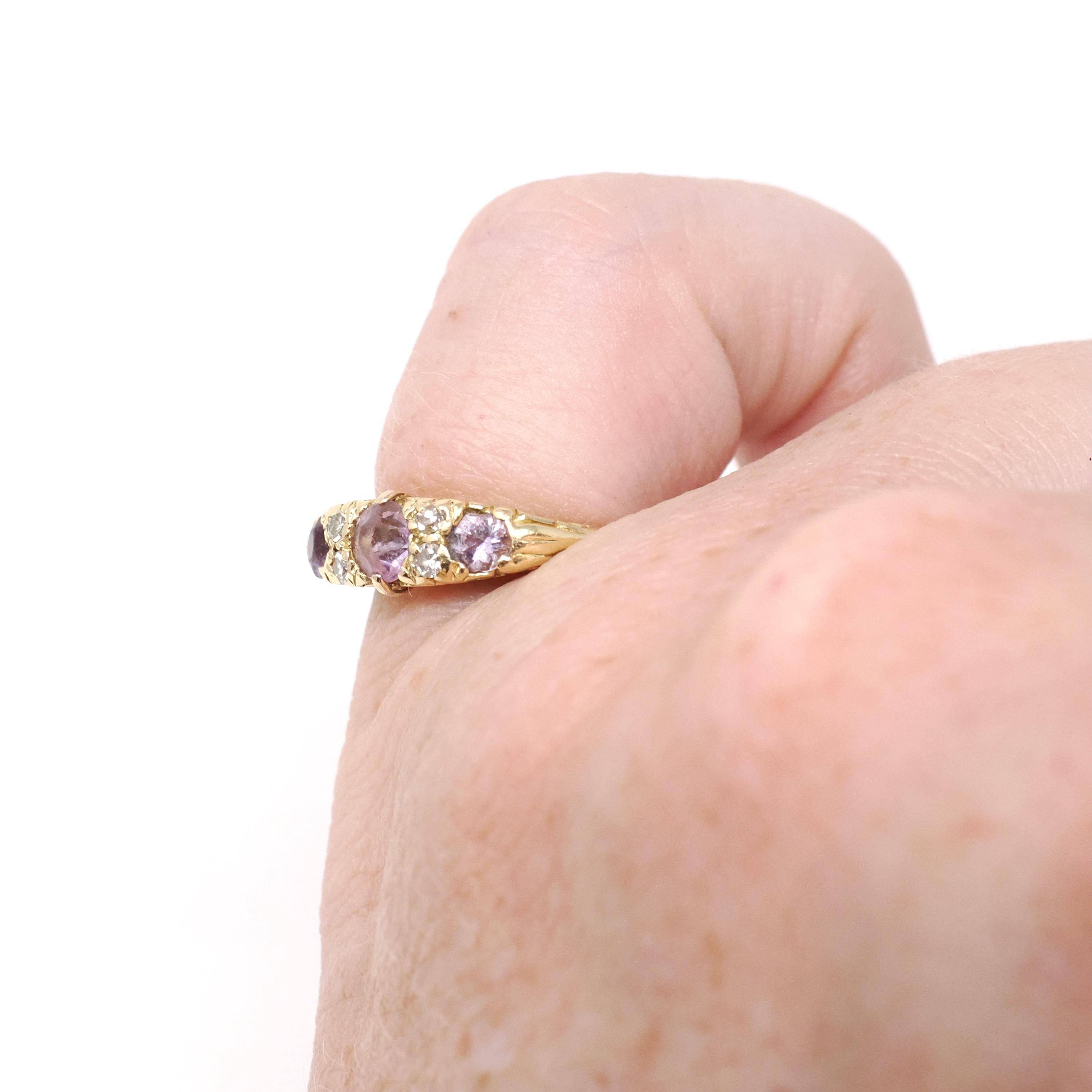 Vintage Amethyst Ring - Mid Century Era 18k Yellow Gold Natural Purple Gemstones - Hallmarked 1960 Size 3 3/4 Diamond Accents Fine Jewelry