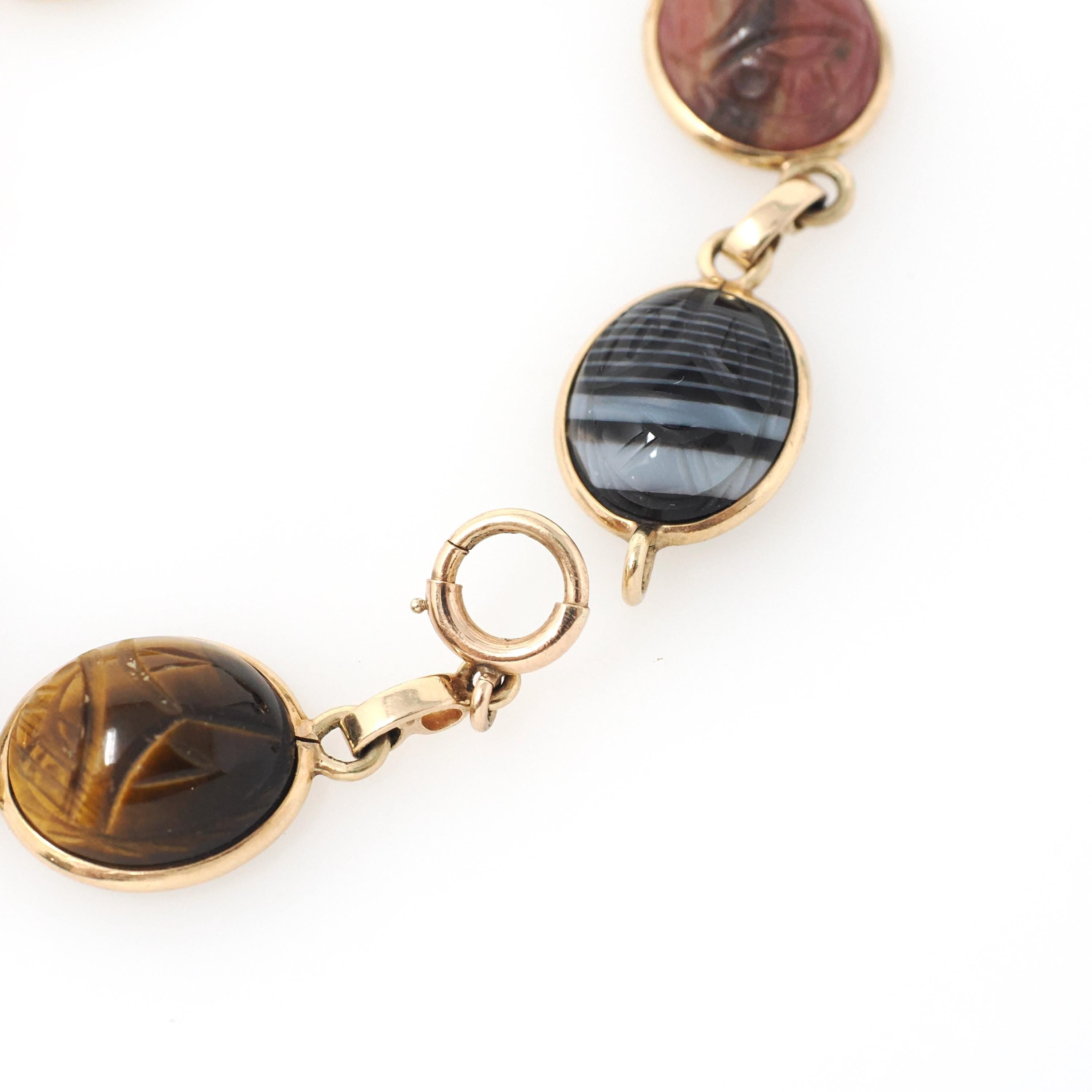 Vintage Scarab Bracelet - Retro 10k Yellow Gold Carved Natural Gemstones - Circa 1960s Era Egyptian Revival Style Panel Statement Jewelry