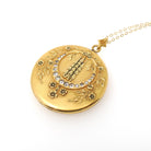 Crescent Moon Locket - Antique Gold Filled Rhinestones Pendant Necklace - Edwardian Era Circa 1900s Celestial Floral Photo Keepsake Jewelry