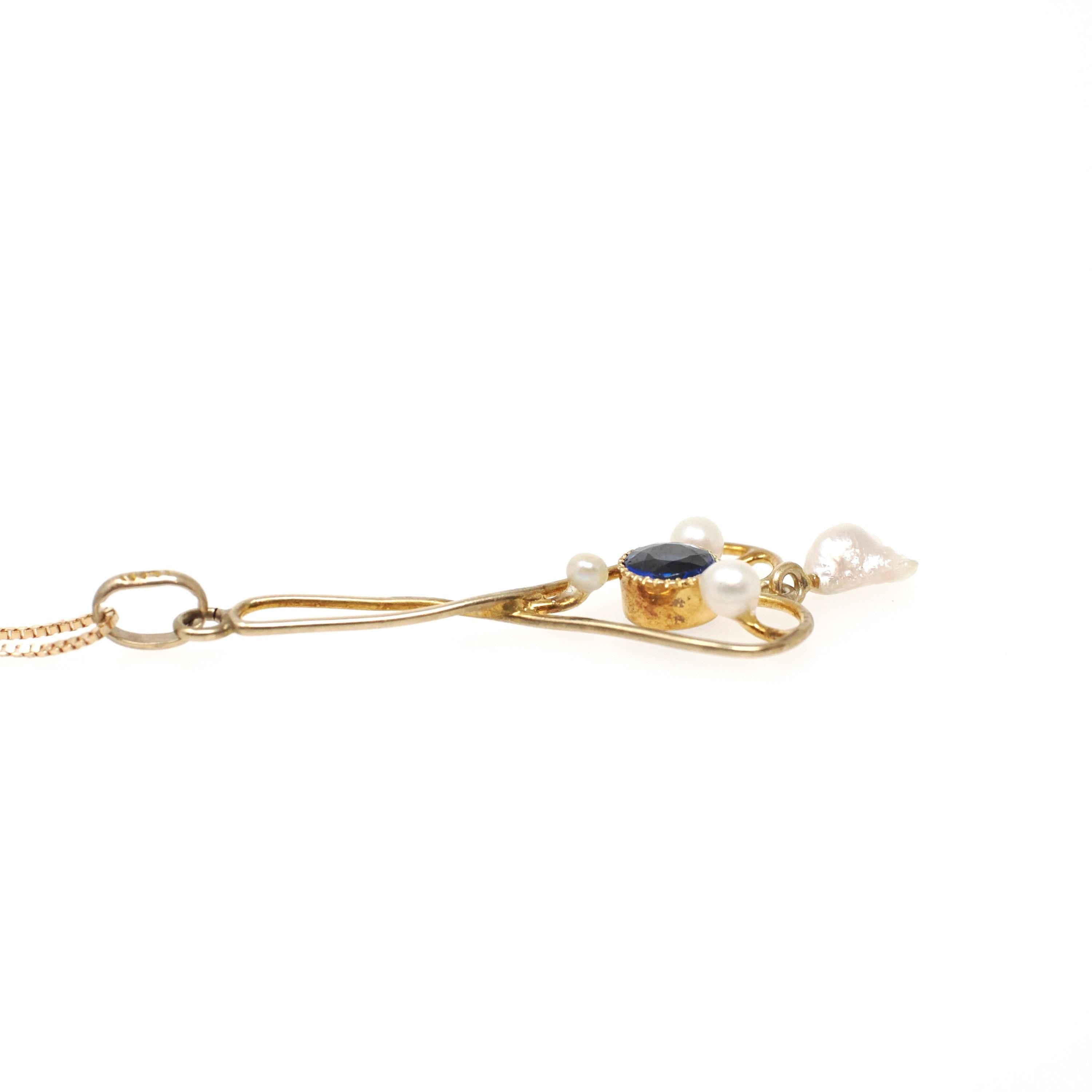 Vintage Lavalier Necklace - Edwardian 10k Yellow Gold Baroque Pearl Pendant Charm - Antique Circa 1910s Garnet Glass Doublet Fine Jewelry