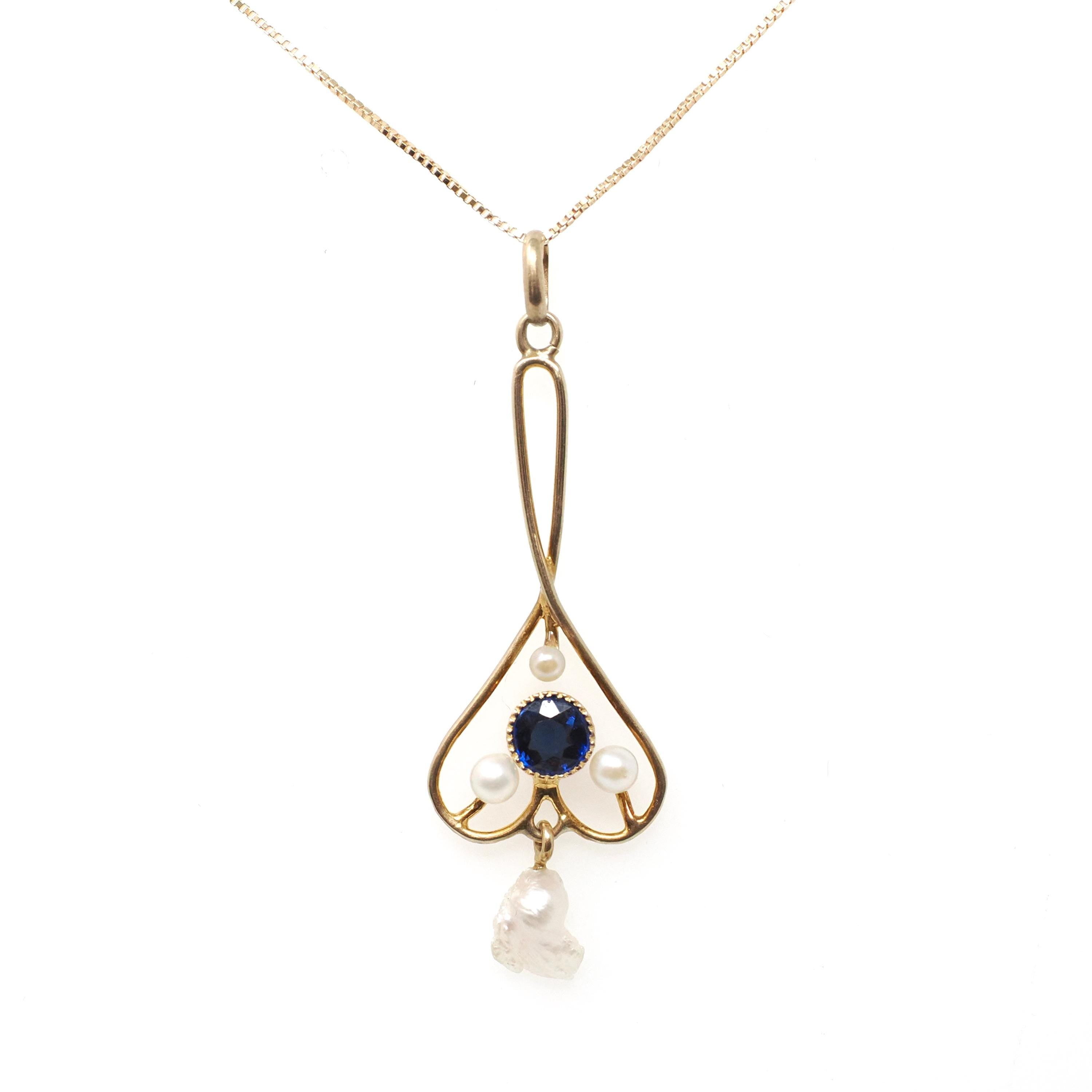 Vintage Lavalier Necklace - Edwardian 10k Yellow Gold Baroque Pearl Pendant Charm - Antique Circa 1910s Garnet Glass Doublet Fine Jewelry