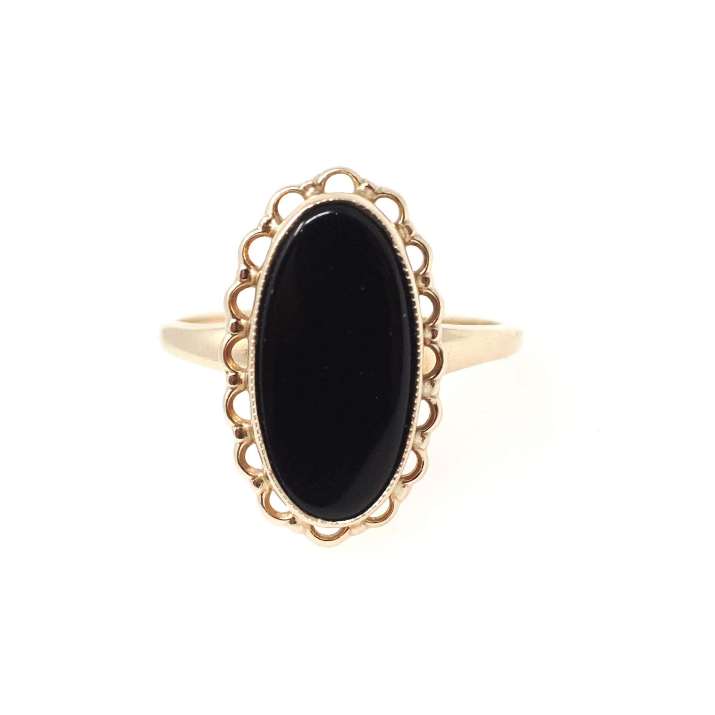 Vintage Onyx Ring - Retro 10k Yellow Gold Natural Oval Black Chalcedony Gemstone - Circa 1970s Era Size 6 1/4 Statement Fine PSCO Jewelry