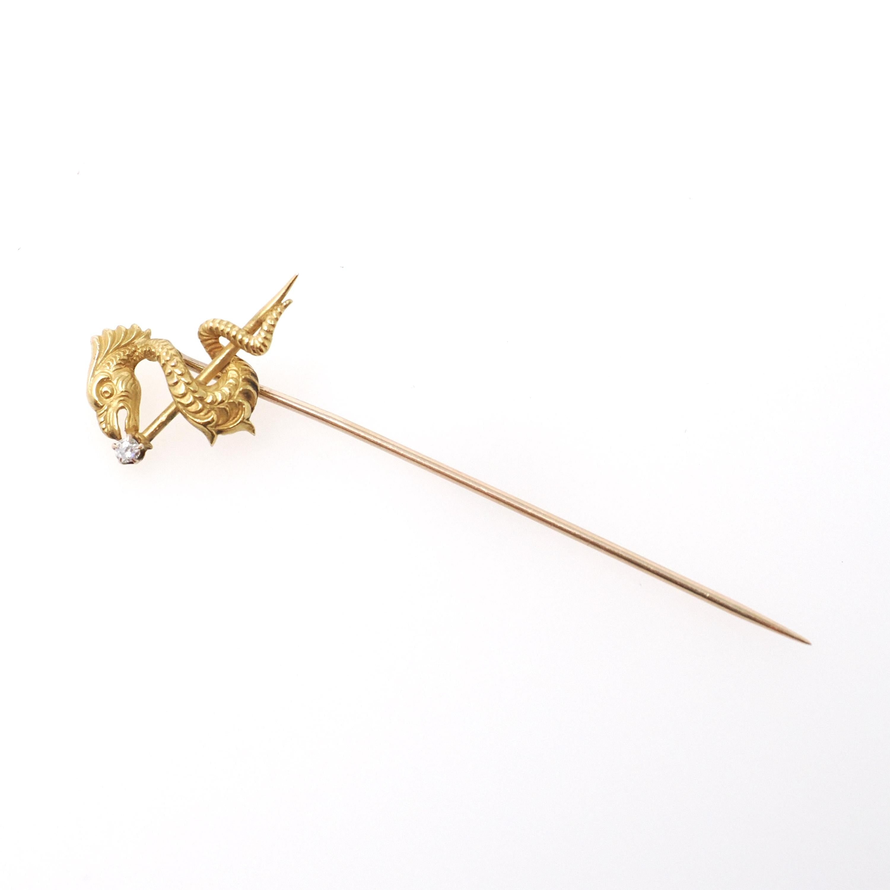 Antique Dragon Stick Pin - Edwardian 14k Yellow Gold Old European Cut Diamond - Vintage 1900s Winged Serpent Mythological Creature Jewelry