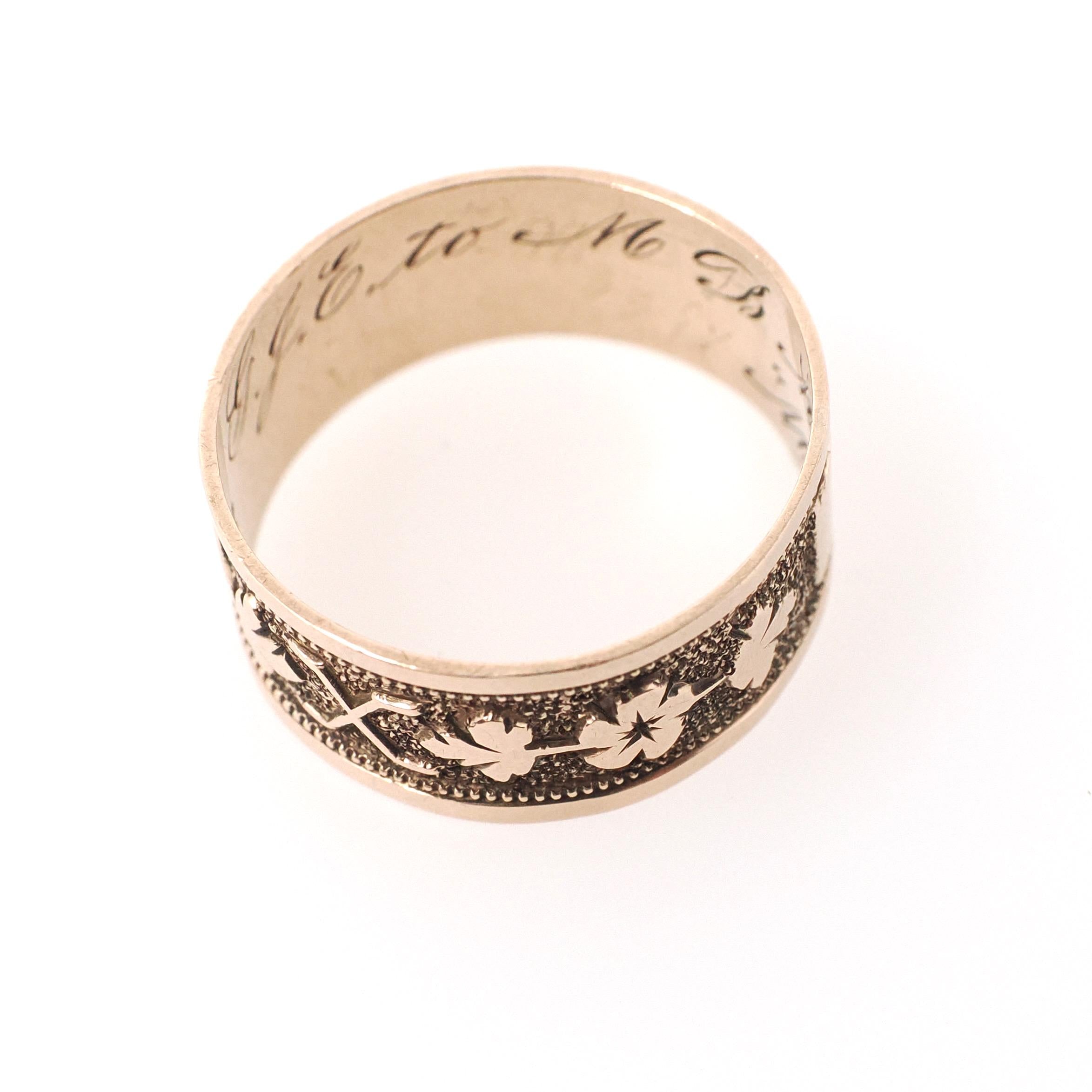 Antique Cigar Band - Victorian 10k Yellow Gold Nature Inspired Design Leaf Flower Wide Ring - Dated 1876 Size 7 Mizpah Unisex Fine Jewelry