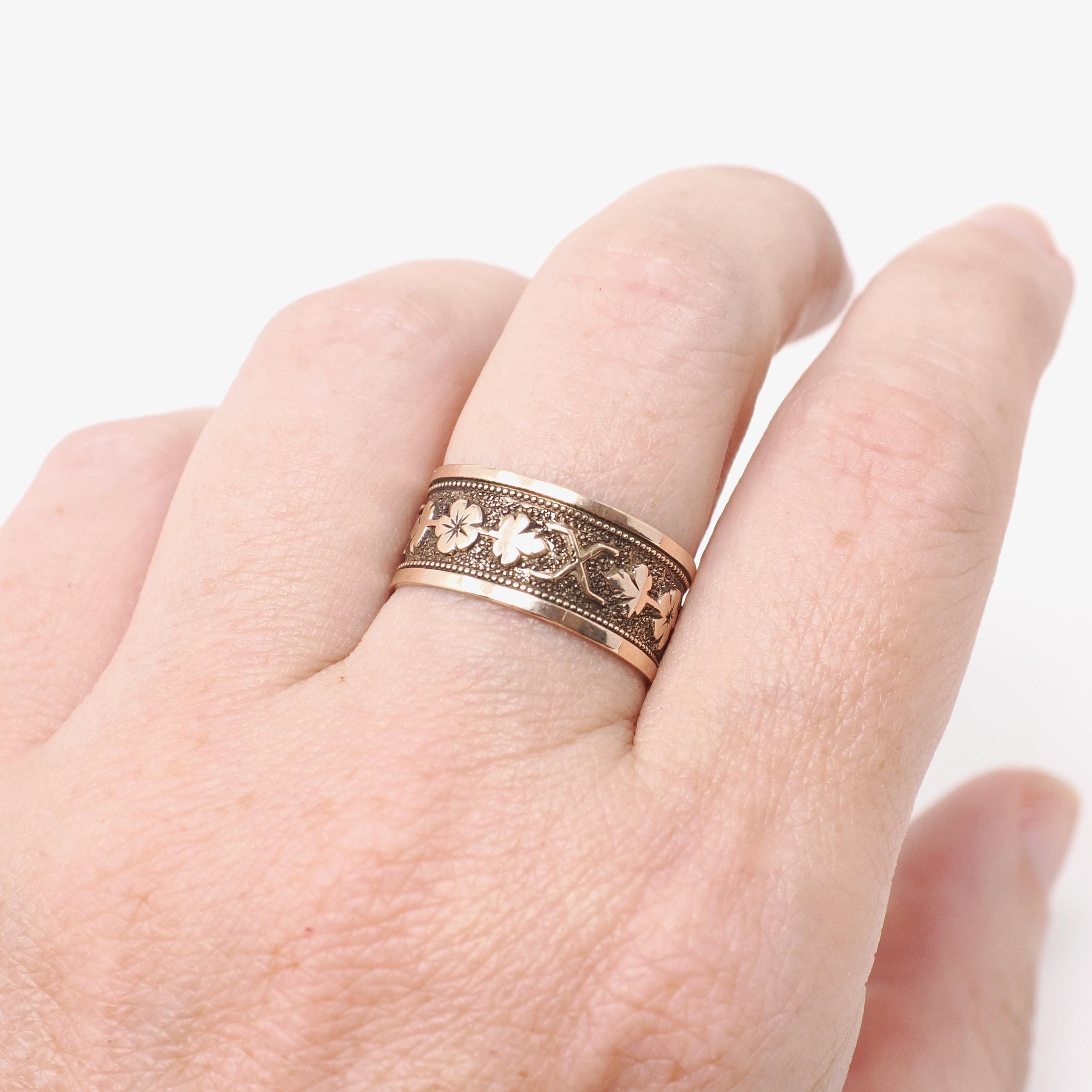 Antique Cigar Band - Victorian 10k Yellow Gold Nature Inspired Design Leaf Flower Wide Ring - Dated 1876 Size 7 Mizpah Unisex Fine Jewelry