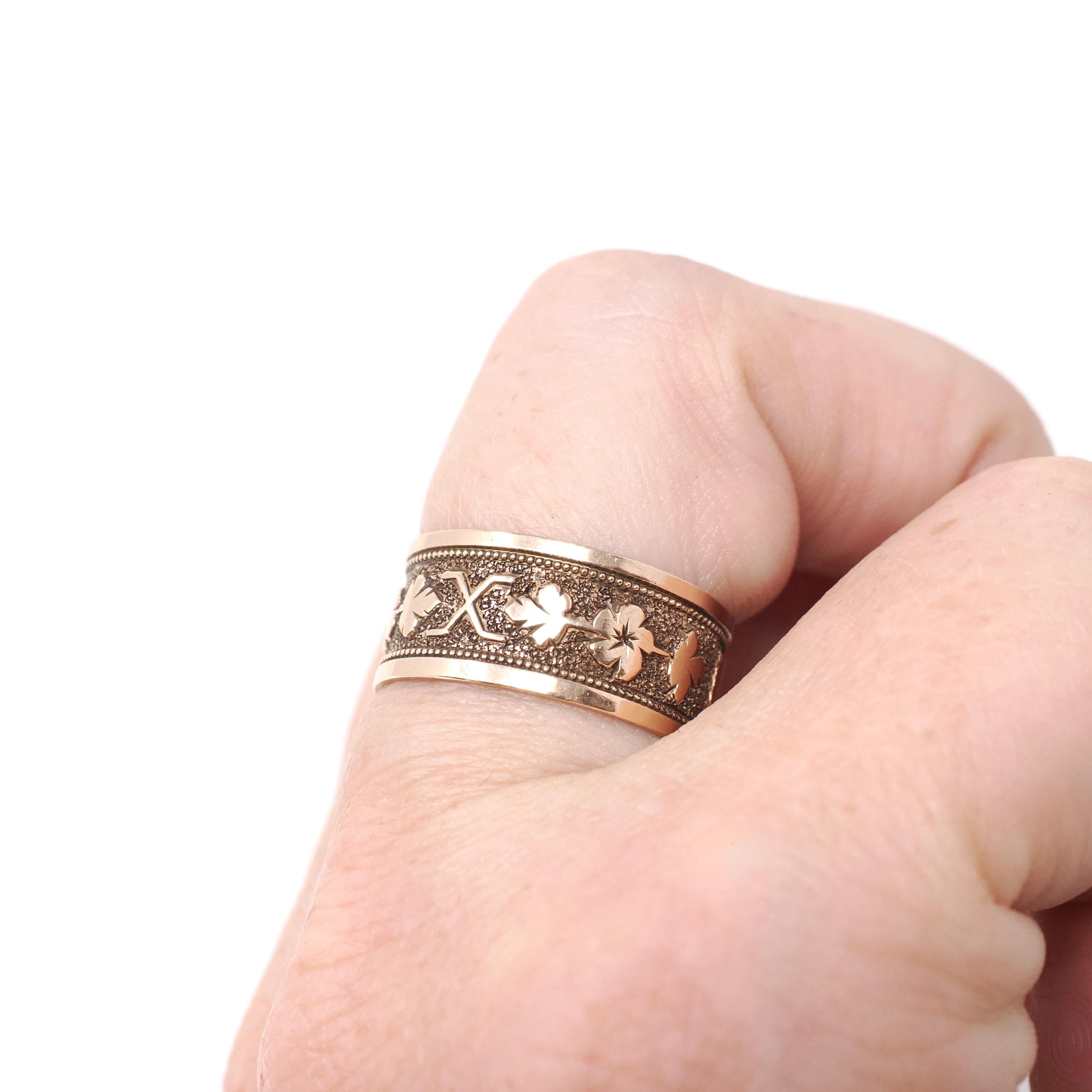 Antique Cigar Band - Victorian 10k Yellow Gold Nature Inspired Design Leaf Flower Wide Ring - Dated 1876 Size 7 Mizpah Unisex Fine Jewelry