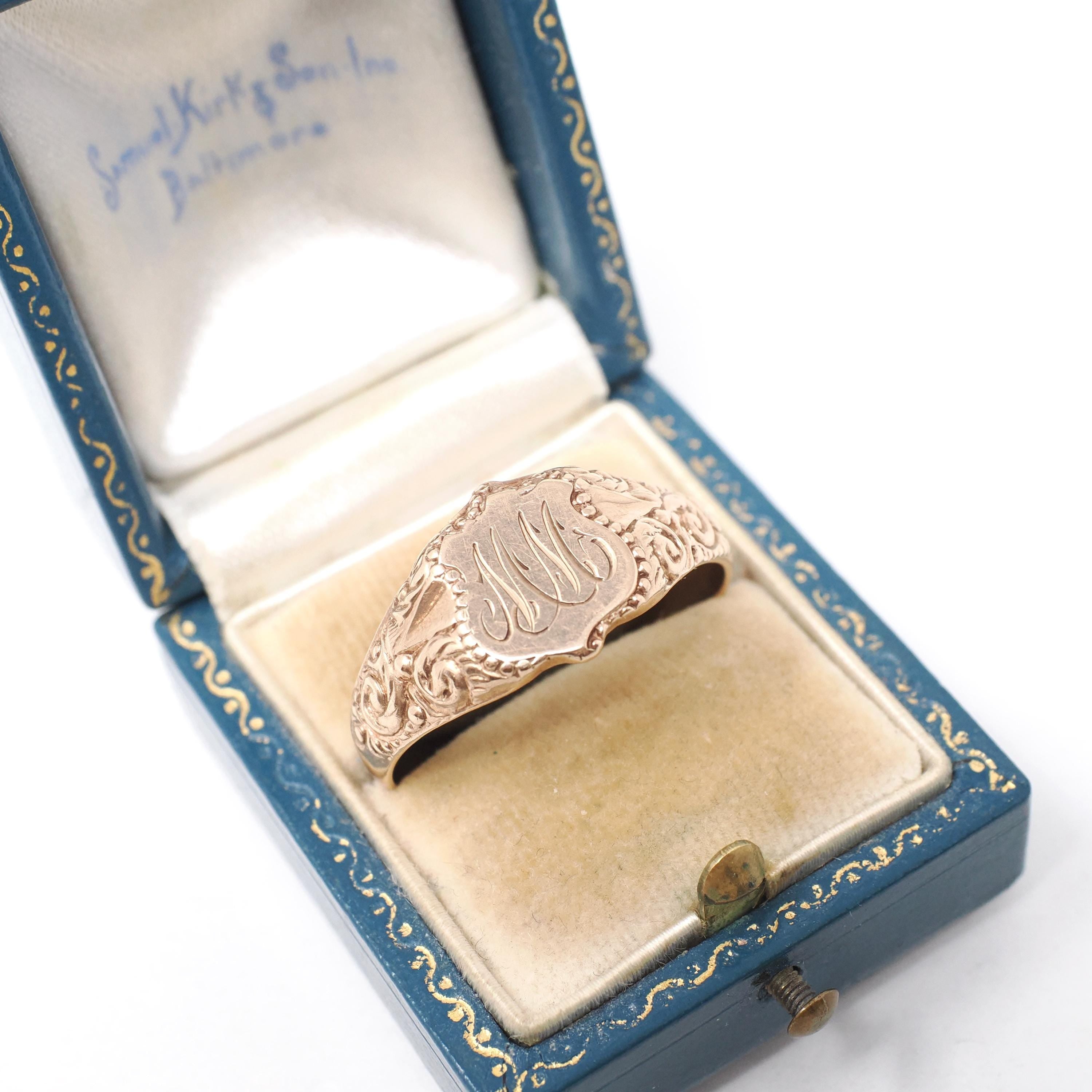 Antique Signet Ring - Vintage 10k Rosy Yellow Gold Initial Letters MM Shield Statement Men's Unisex Band - Late 1800s Size 15 Fine Jewelry