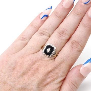 Vintage Onyx Ring - Art Deco 10k Yellow & White Gold Black Gemstone .03 CT Diamond Filigree - Circa 1930s Size 8 1/4 Two Tone Fine Jewelry