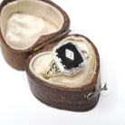Vintage Onyx Ring - Art Deco 10k Yellow & White Gold Black Gemstone .03 CT Diamond Filigree - Circa 1930s Size 8 1/4 Two Tone Fine Jewelry