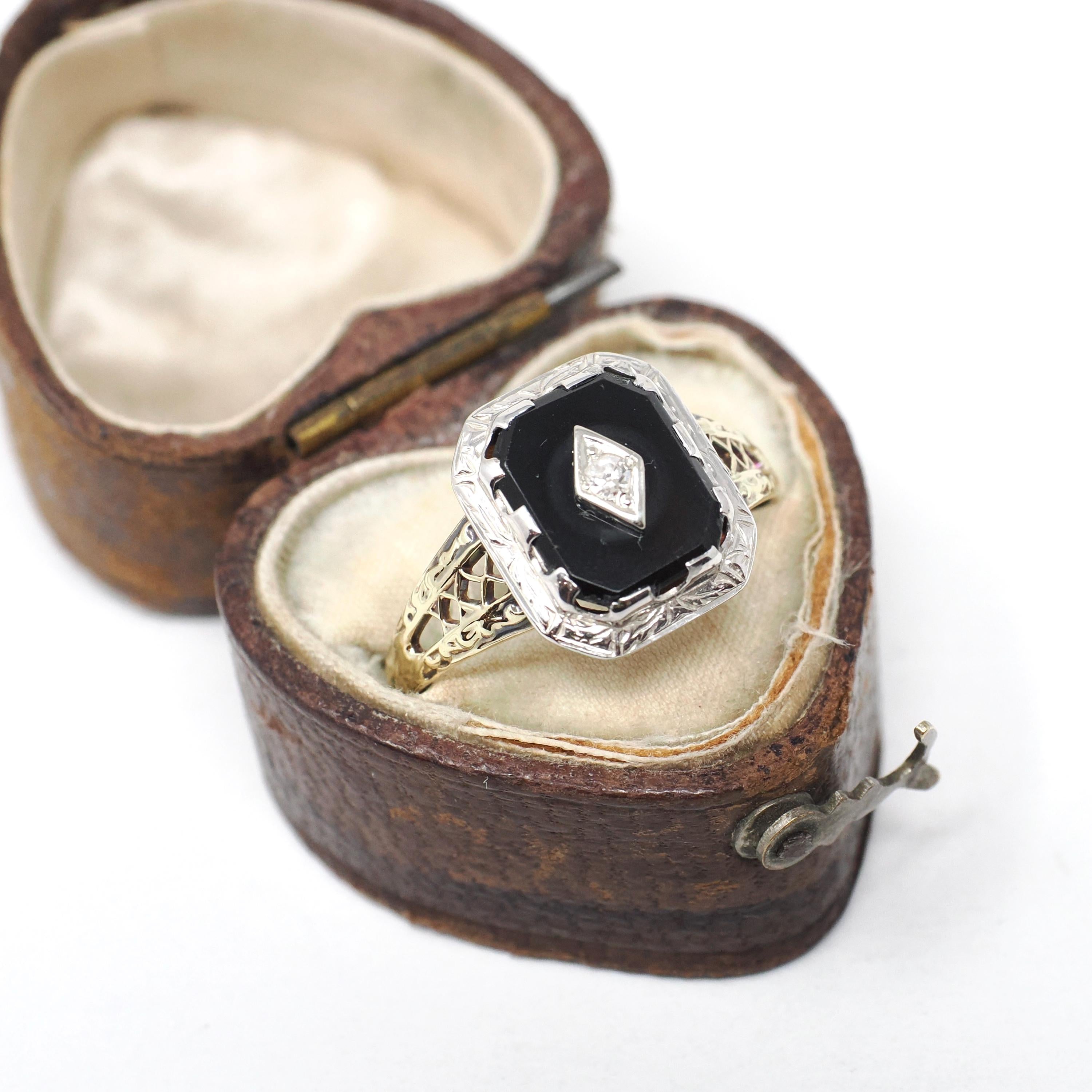 Vintage Onyx Ring - Art Deco 10k Yellow & White Gold Black Gemstone .03 CT Diamond Filigree - Circa 1930s Size 8 1/4 Two Tone Fine Jewelry