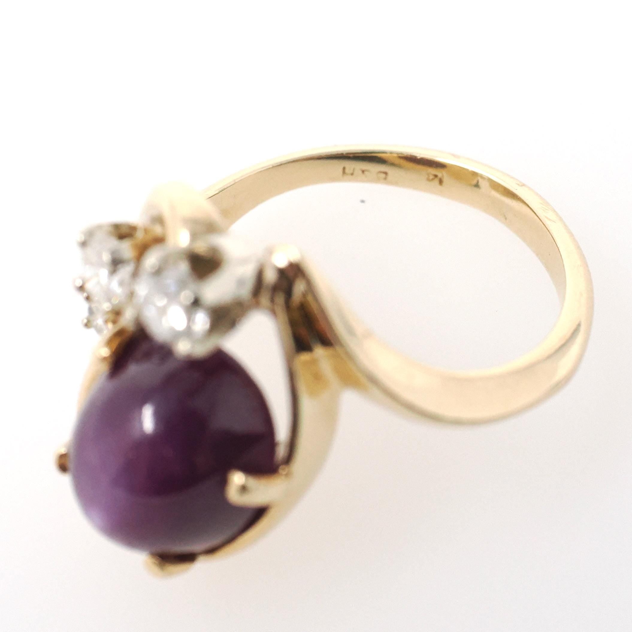 Vintage Star Ruby Ring - Modernist 14k Yellow Gold Cabochon Cut Natural Diamond Gemstones - Circa 1970s Era Size 4 Celestial Fine Jewelry