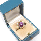 Vintage Star Ruby Ring - Modernist 14k Yellow Gold Cabochon Cut Natural Diamond Gemstones - Circa 1970s Era Size 4 Celestial Fine Jewelry
