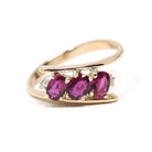 Ruby Bypass Ring - Estate 14k Yellow Gold .72 CTW Oval Pink Gems - Modern Circa 1990s Era Diamond Accented Size 5 1/4 Fine Statement Jewelry