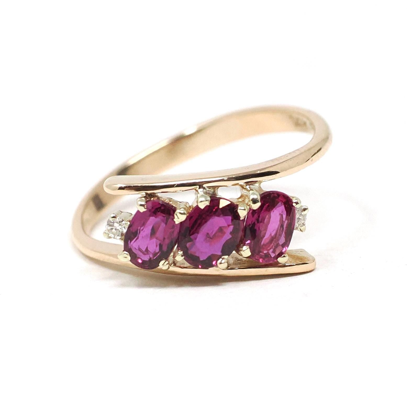 Ruby Bypass Ring - Estate 14k Yellow Gold .72 CTW Oval Pink Gems - Modern Circa 1990s Era Diamond Accented Size 5 1/4 Fine Statement Jewelry