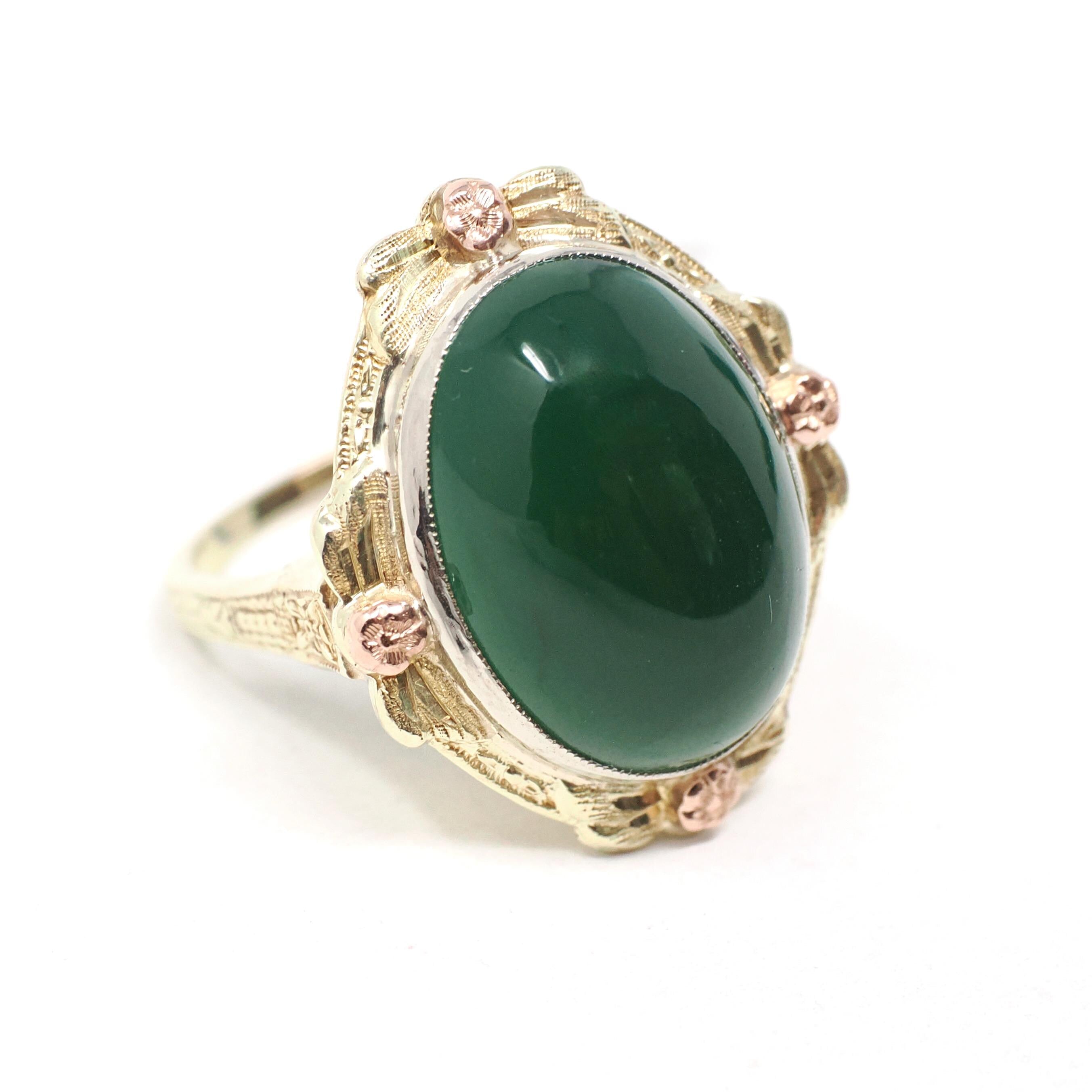 Vintage Chalcedony Ring - Mid Century 14k Yellow & Rose Gold Dyed Green Cabochon Gemstone - Circa 1940s Era Size 8 Floral Bow Fine Jewelry
