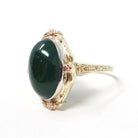 Vintage Chalcedony Ring - Mid Century 14k Yellow & Rose Gold Dyed Green Cabochon Gemstone - Circa 1940s Era Size 8 Floral Bow Fine Jewelry