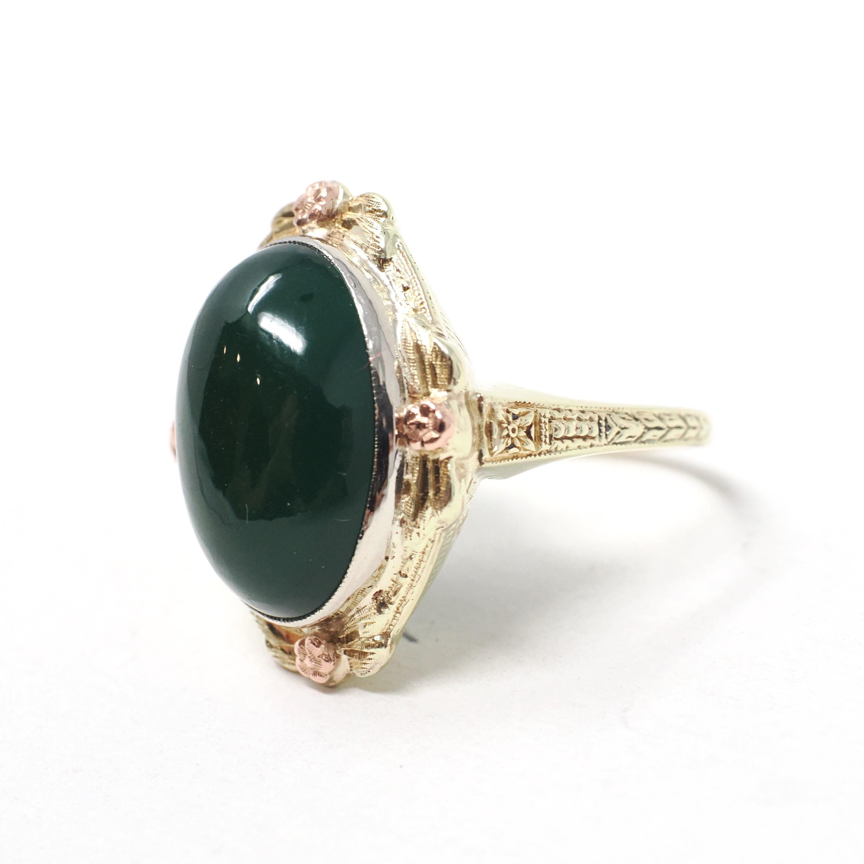 Vintage Chalcedony Ring - Mid Century 14k Yellow & Rose Gold Dyed Green Cabochon Gemstone - Circa 1940s Era Size 8 Floral Bow Fine Jewelry