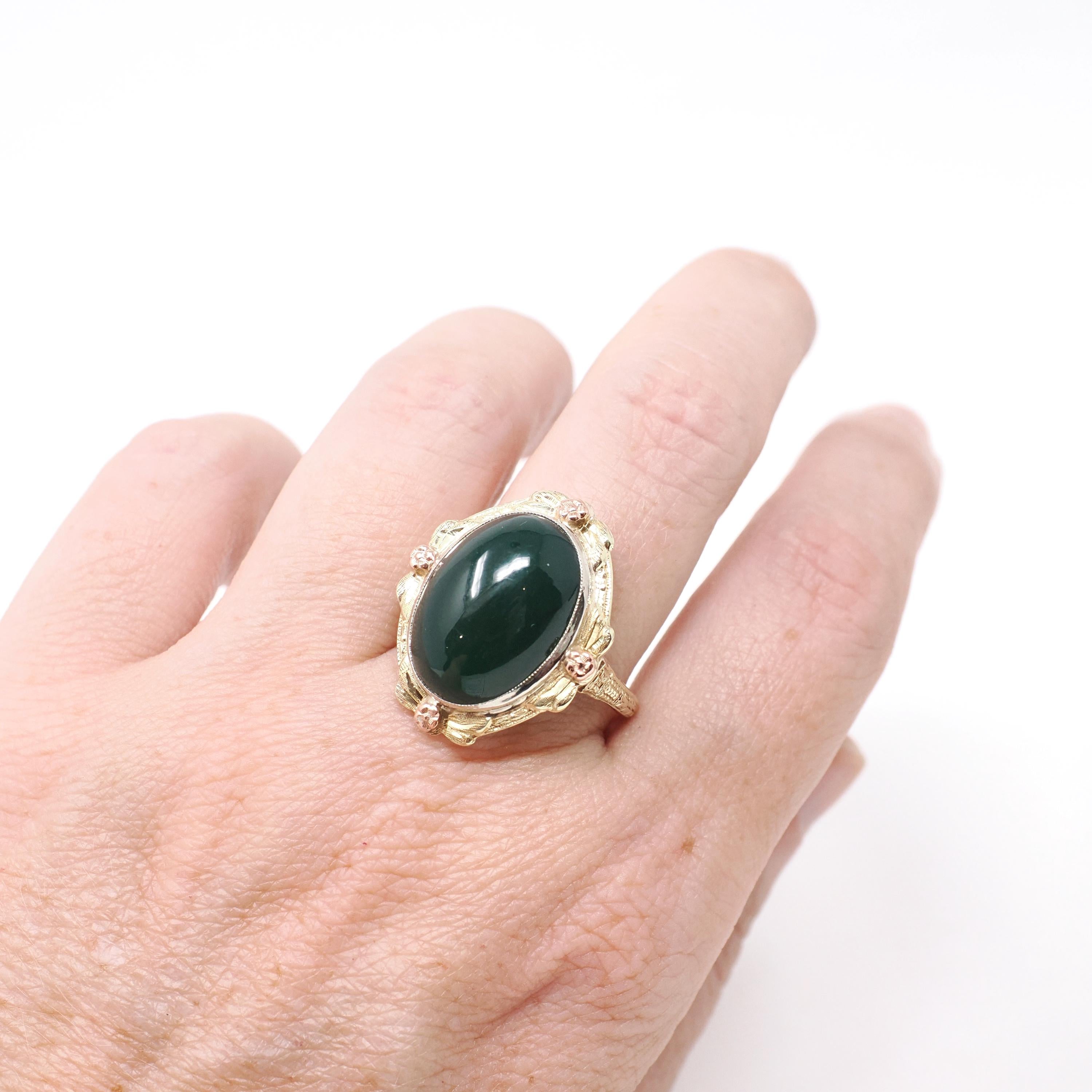 Vintage Chalcedony Ring - Mid Century 14k Yellow & Rose Gold Dyed Green Cabochon Gemstone - Circa 1940s Era Size 8 Floral Bow Fine Jewelry