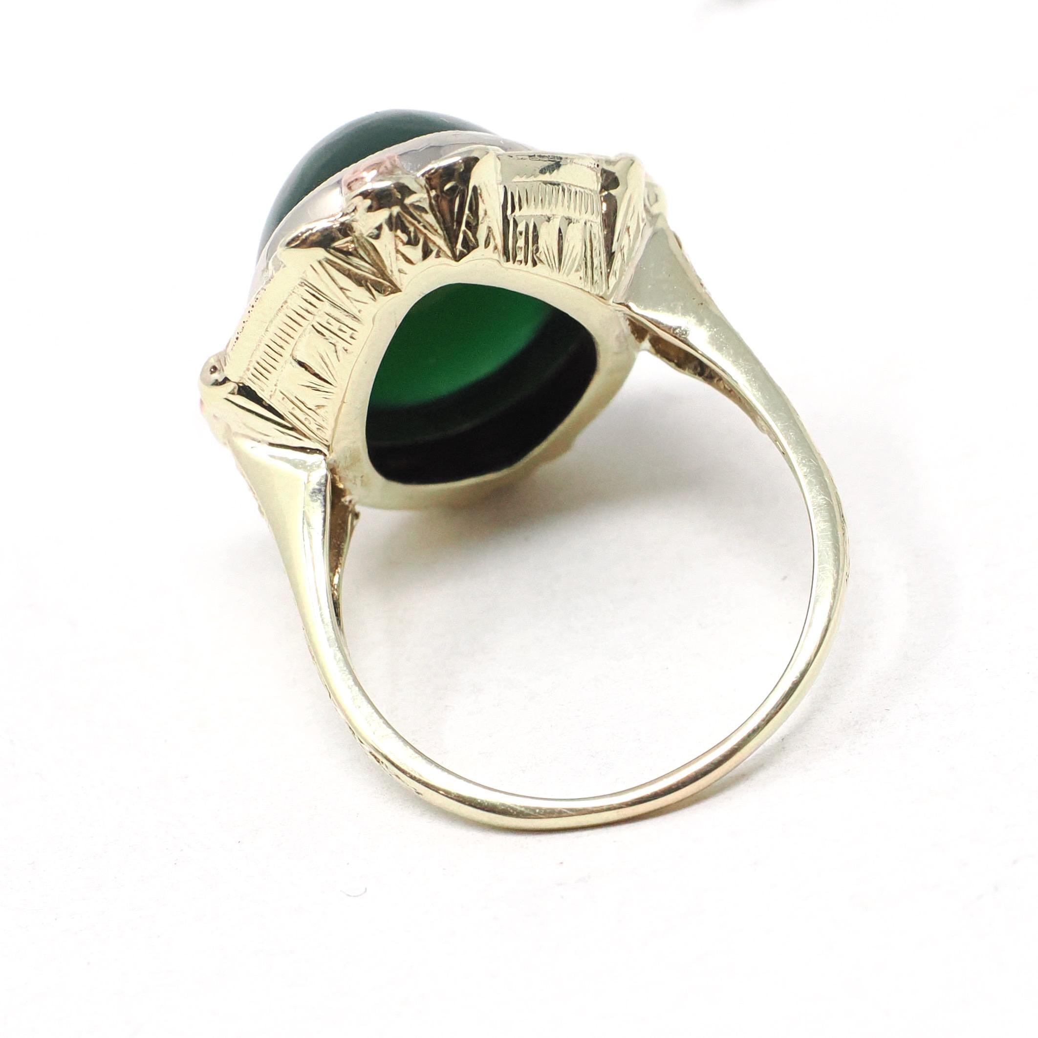 Vintage Chalcedony Ring - Mid Century 14k Yellow & Rose Gold Dyed Green Cabochon Gemstone - Circa 1940s Era Size 8 Floral Bow Fine Jewelry