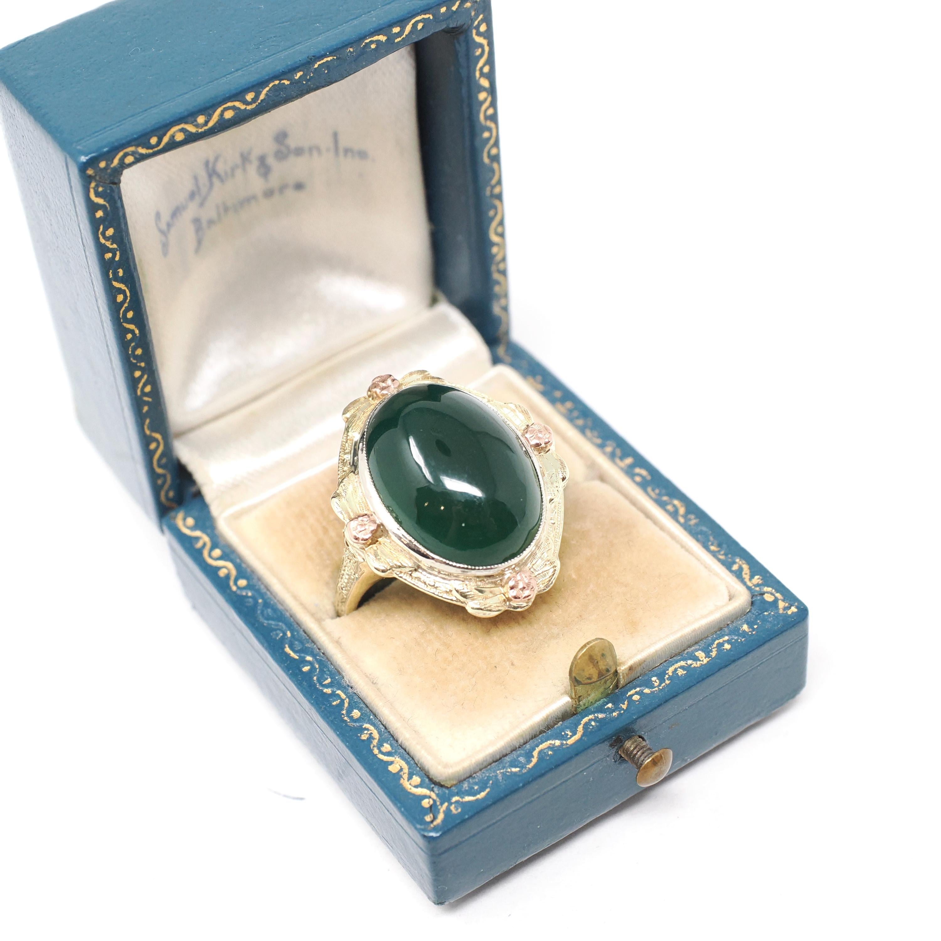 Vintage Chalcedony Ring - Mid Century 14k Yellow & Rose Gold Dyed Green Cabochon Gemstone - Circa 1940s Era Size 8 Floral Bow Fine Jewelry