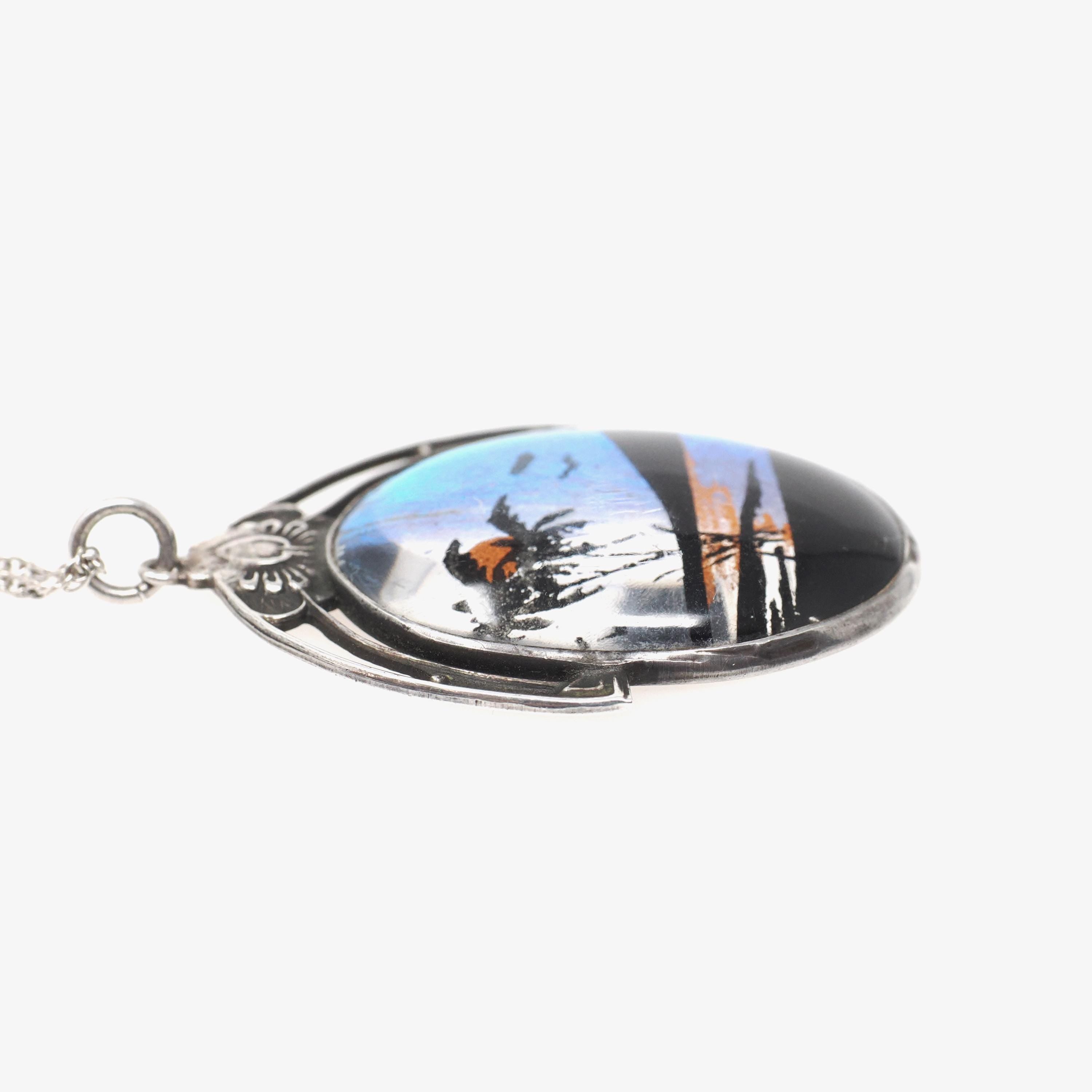Morpho Butterfly Pendant - Art Deco Sterling Silver Blue Wing Necklace - Circa 1930s Era Tropical Sun Palm Tree Beach Souvenir Jewelry