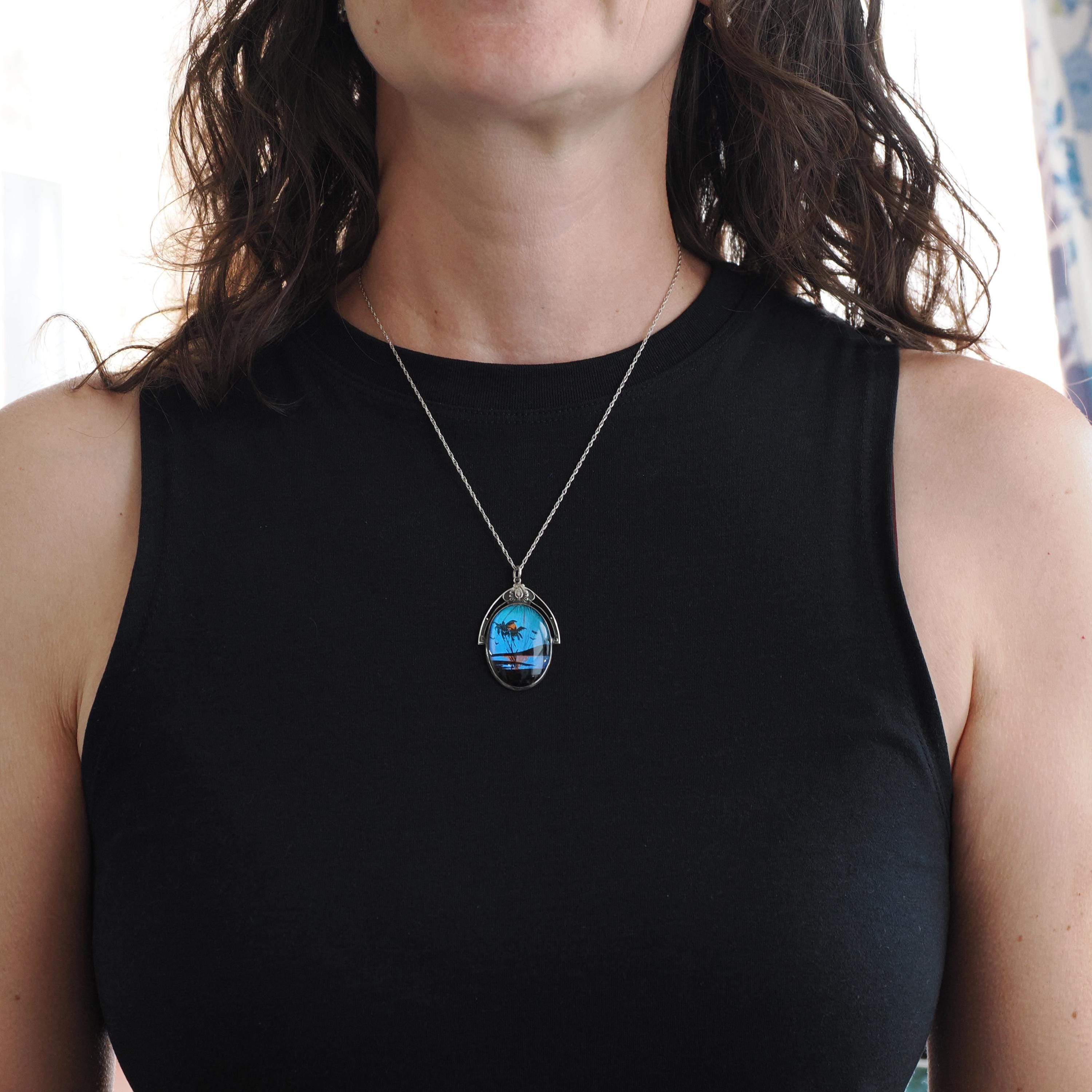Morpho Butterfly Pendant - Art Deco Sterling Silver Blue Wing Necklace - Circa 1930s Era Tropical Sun Palm Tree Beach Souvenir Jewelry