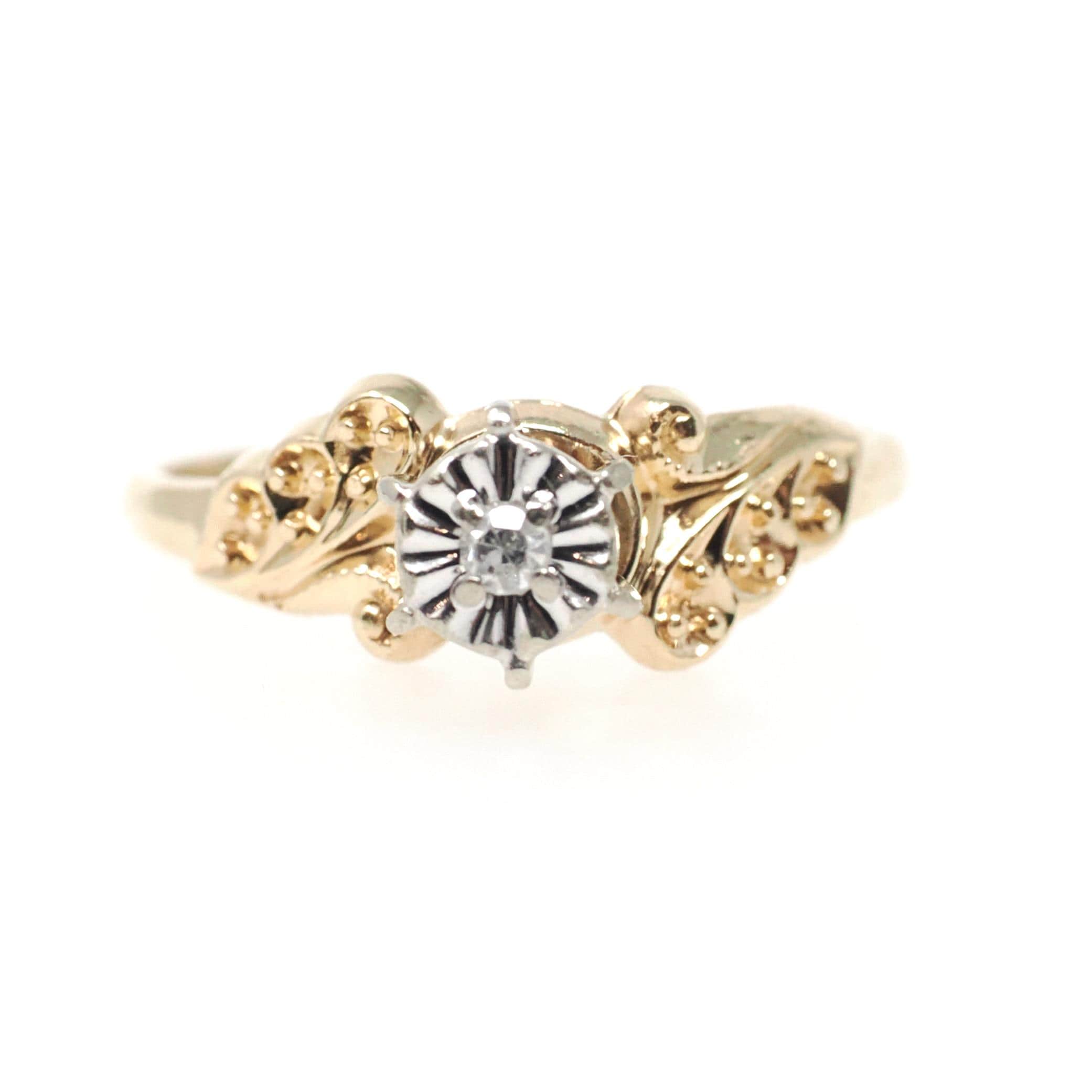 Illusion Diamond Ring - Retro 14k Yellow & 10k White Gold Natural .02 CT Solitaire Engagement - Circa 1990s Size 6 3/4 Fine Bridal Jewelry