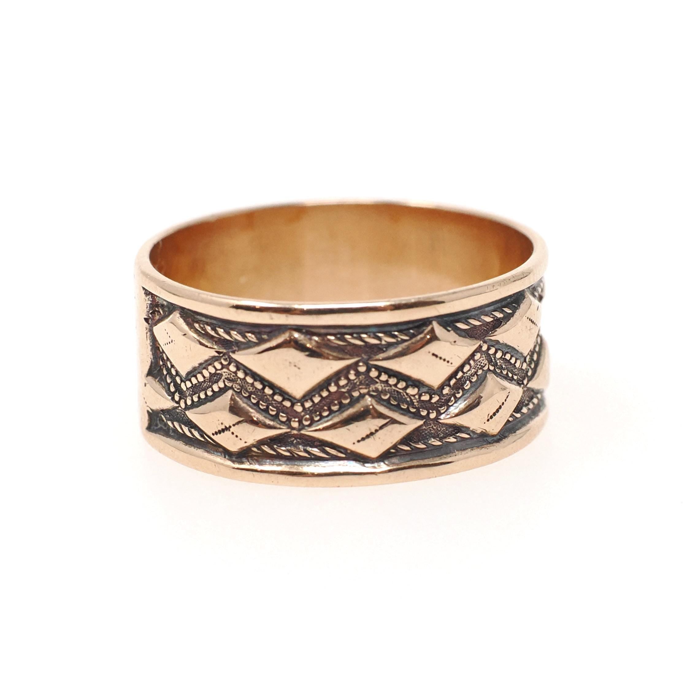 Antique Cigar Band - Edwardian 10k Rose Gold Rhombus Milgrain Designs Wide Ring - Circa 1900s Size 8 1/4 Unisex Fine Bridal Stacking Jewelry