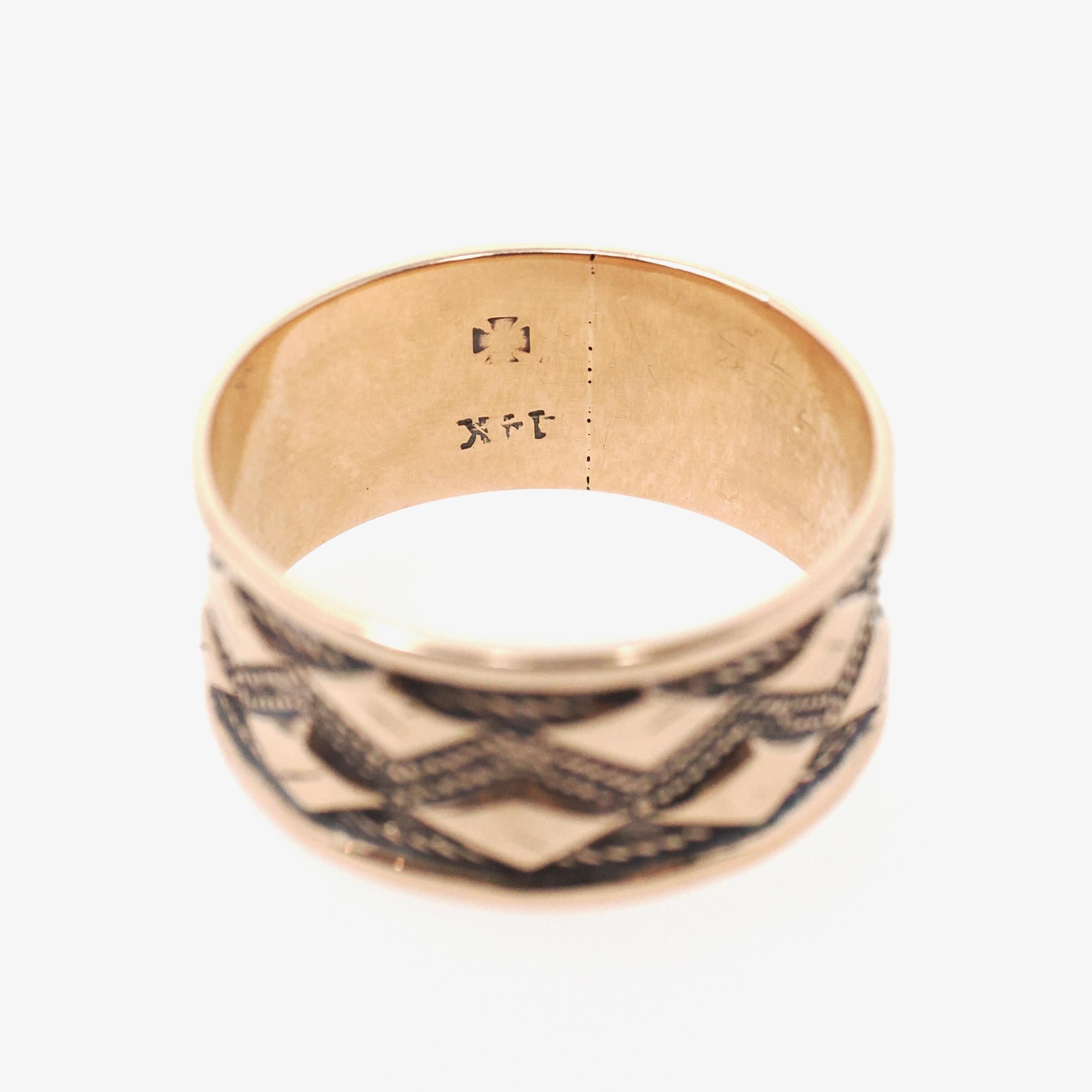 Antique Cigar Band - Edwardian 10k Rose Gold Rhombus Milgrain Designs Wide Ring - Circa 1900s Size 8 1/4 Unisex Fine Bridal Stacking Jewelry