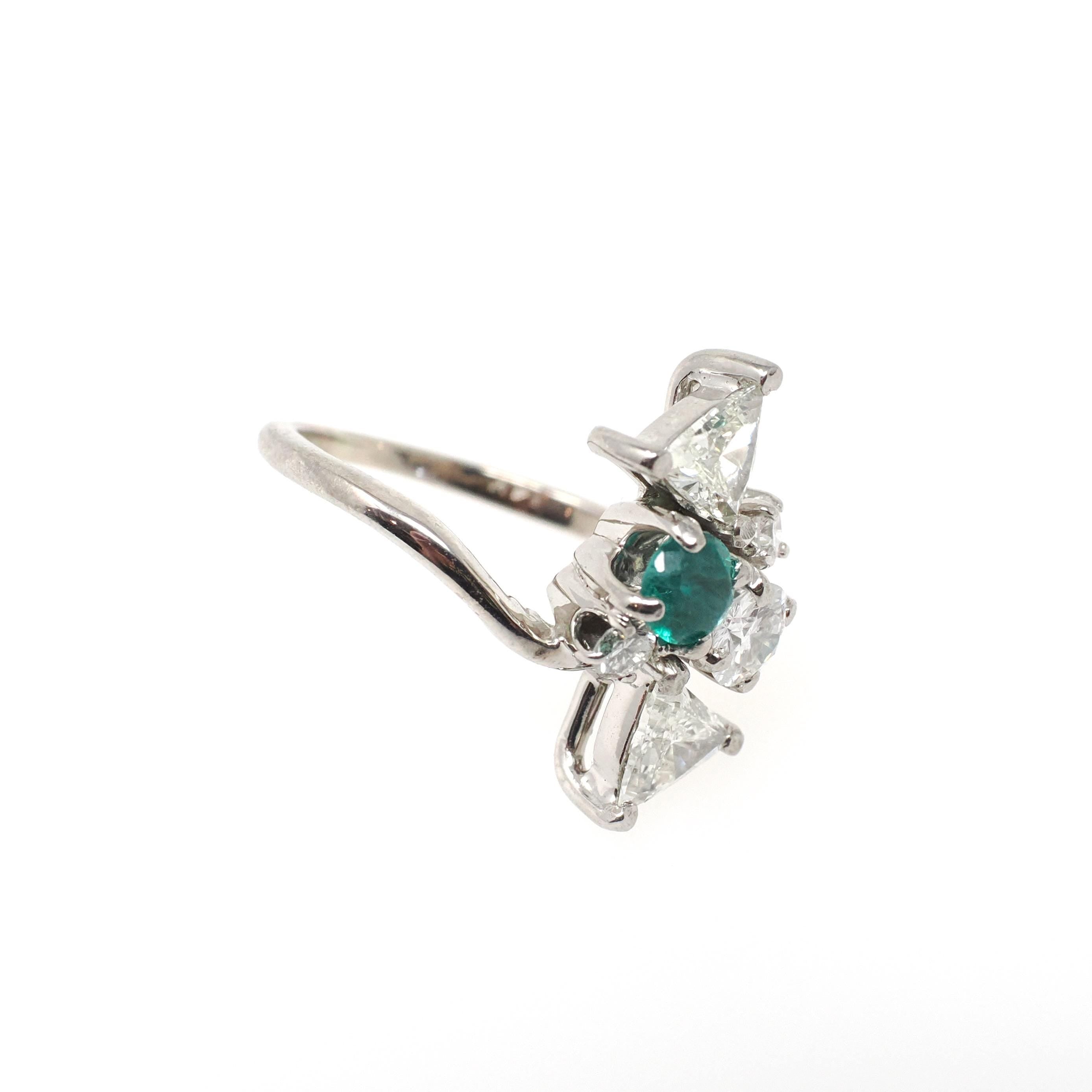 Emerald & Diamond Ring - Modern 14k White Gold Natural Emerald .98 CTW Diamonds Bypass - Circa 2000s Size 3 1/4 May Birthstone Fine Jewelry