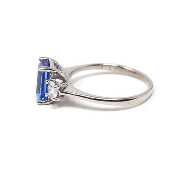Tanzanite & Diamond Ring - Estate Platinum Natural Violet Blue Emerald Cut Gem Engagement - Modern Era Three Stone Size 6 1/2 Fine Jewelry